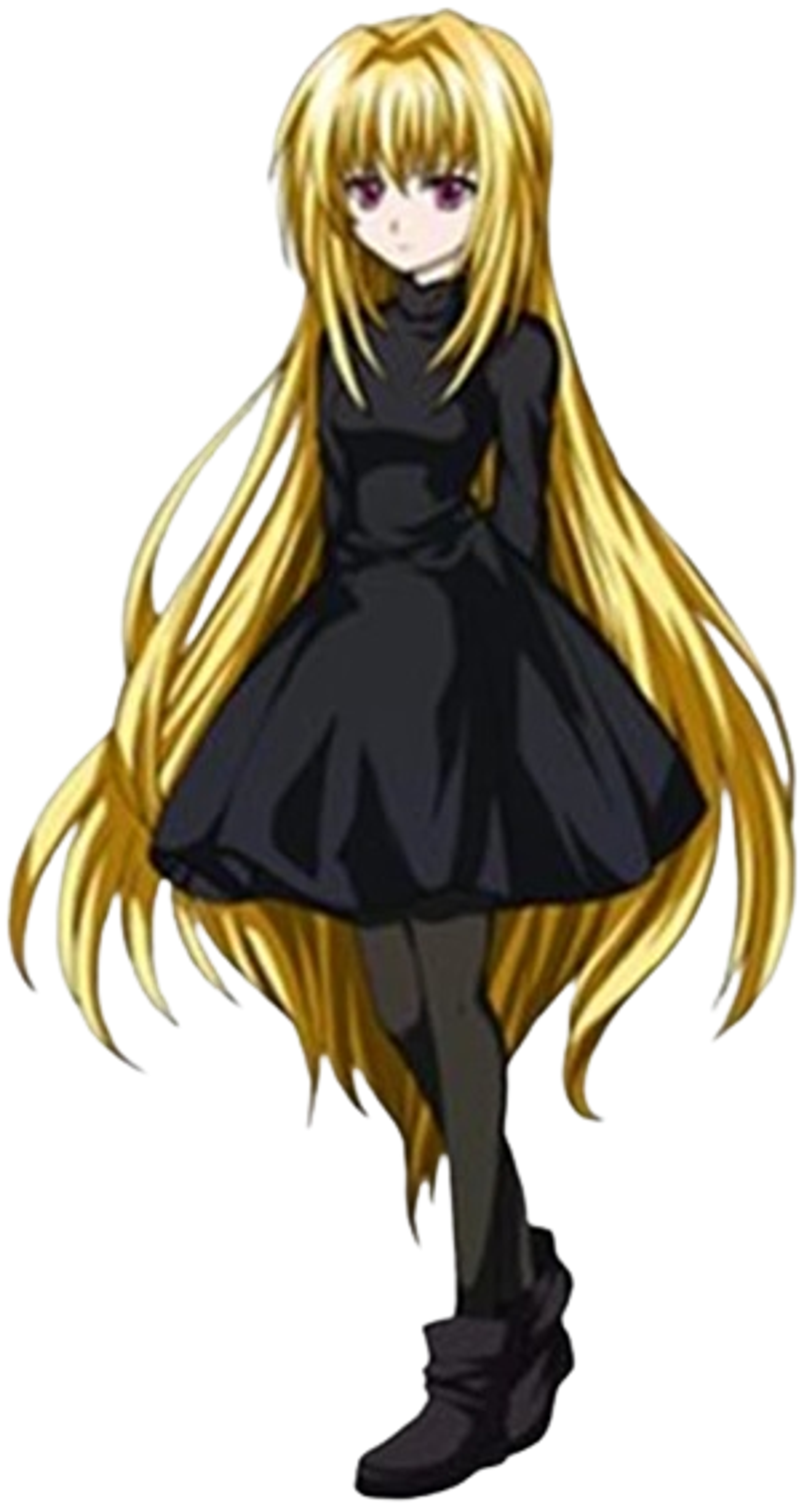 A young woman with long blonde hair wearing a black dress