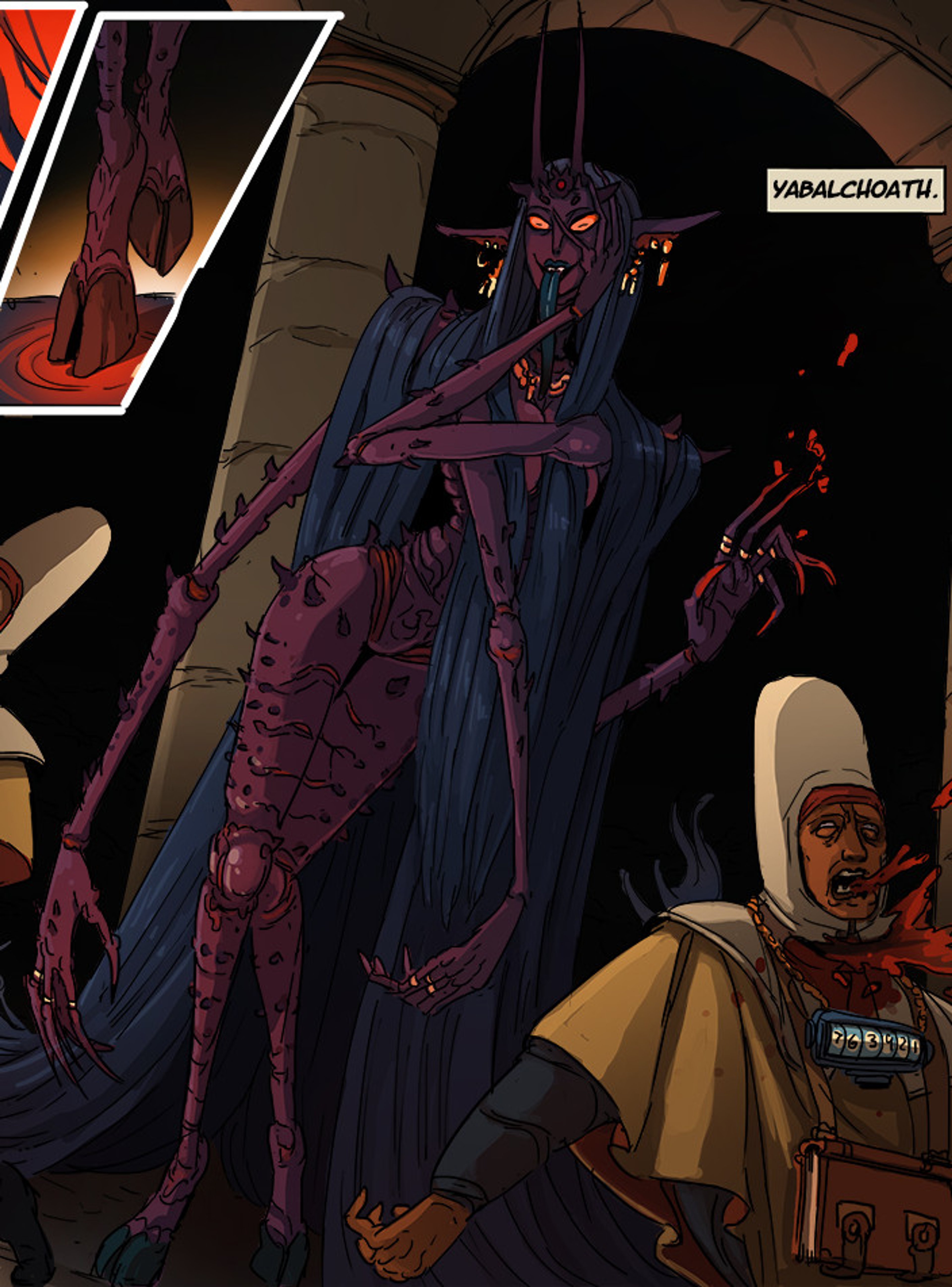 A blue-skinned, purple-haired devil-like character in a dark, fantastical setting