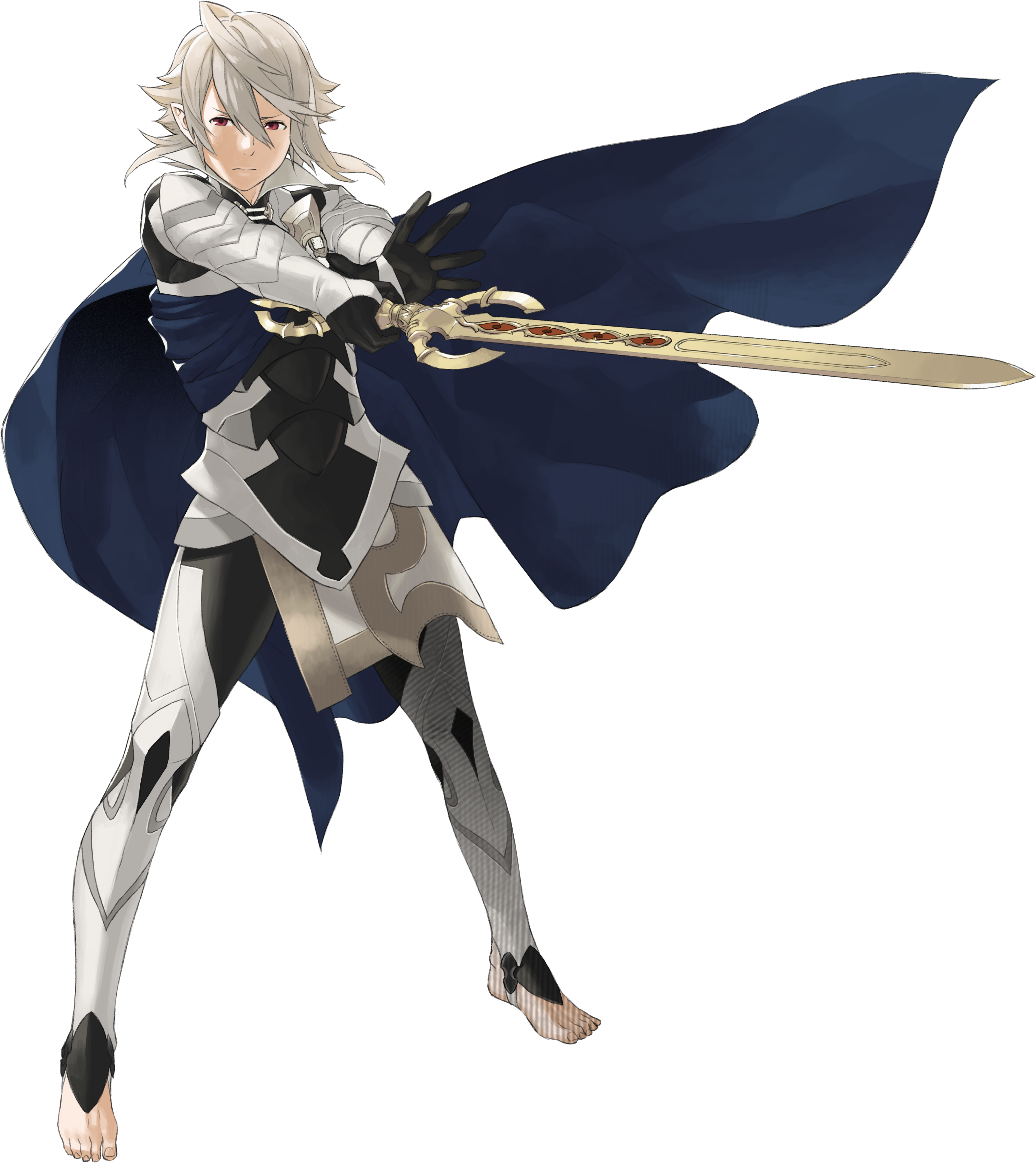 A fantasy warrior character with silver-white hair and a dark blue cape, holding a golden sword.