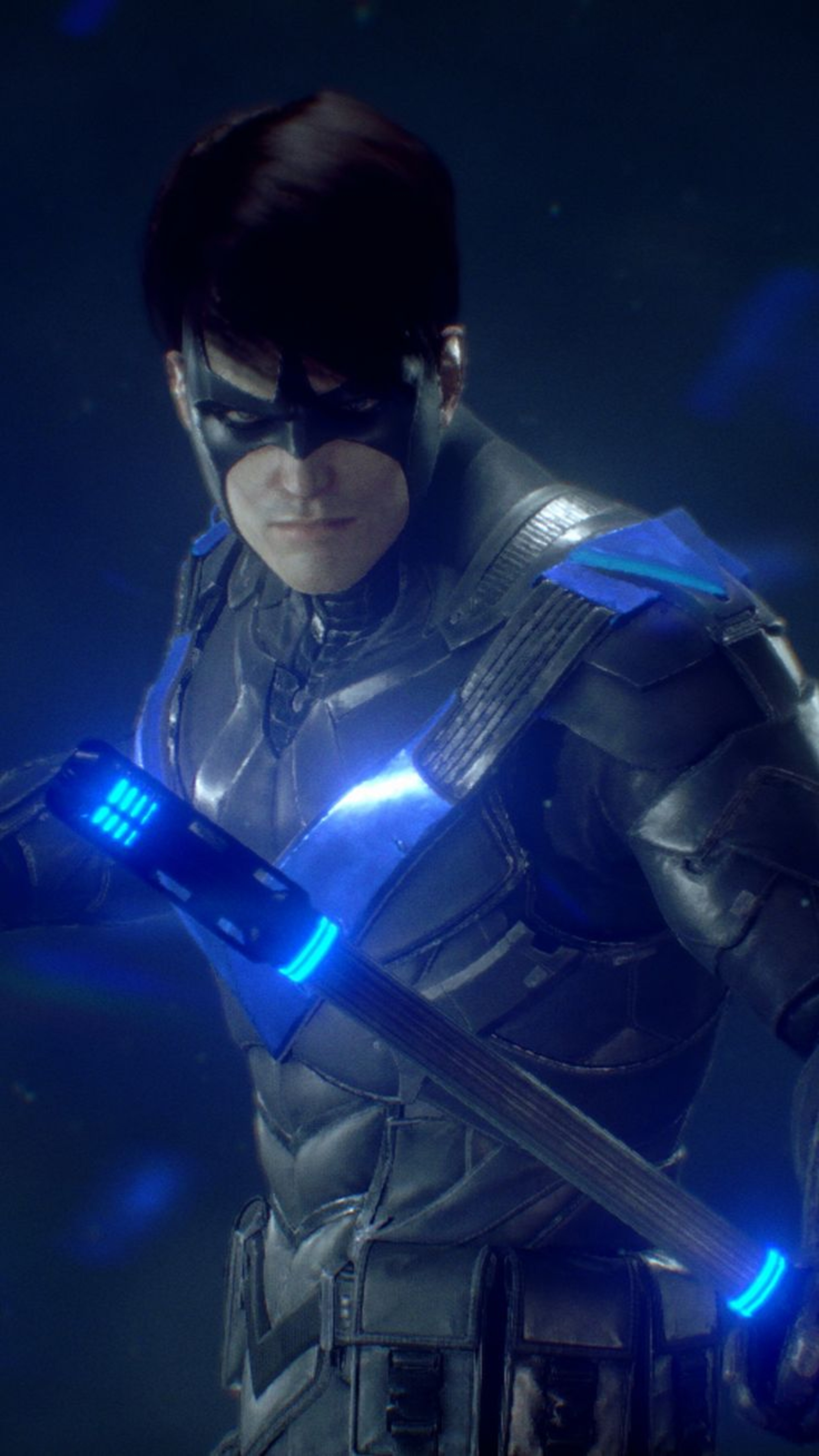 A male superhero character in a dramatic action pose, wearing a dark blue and black costume with glowing blue accents.