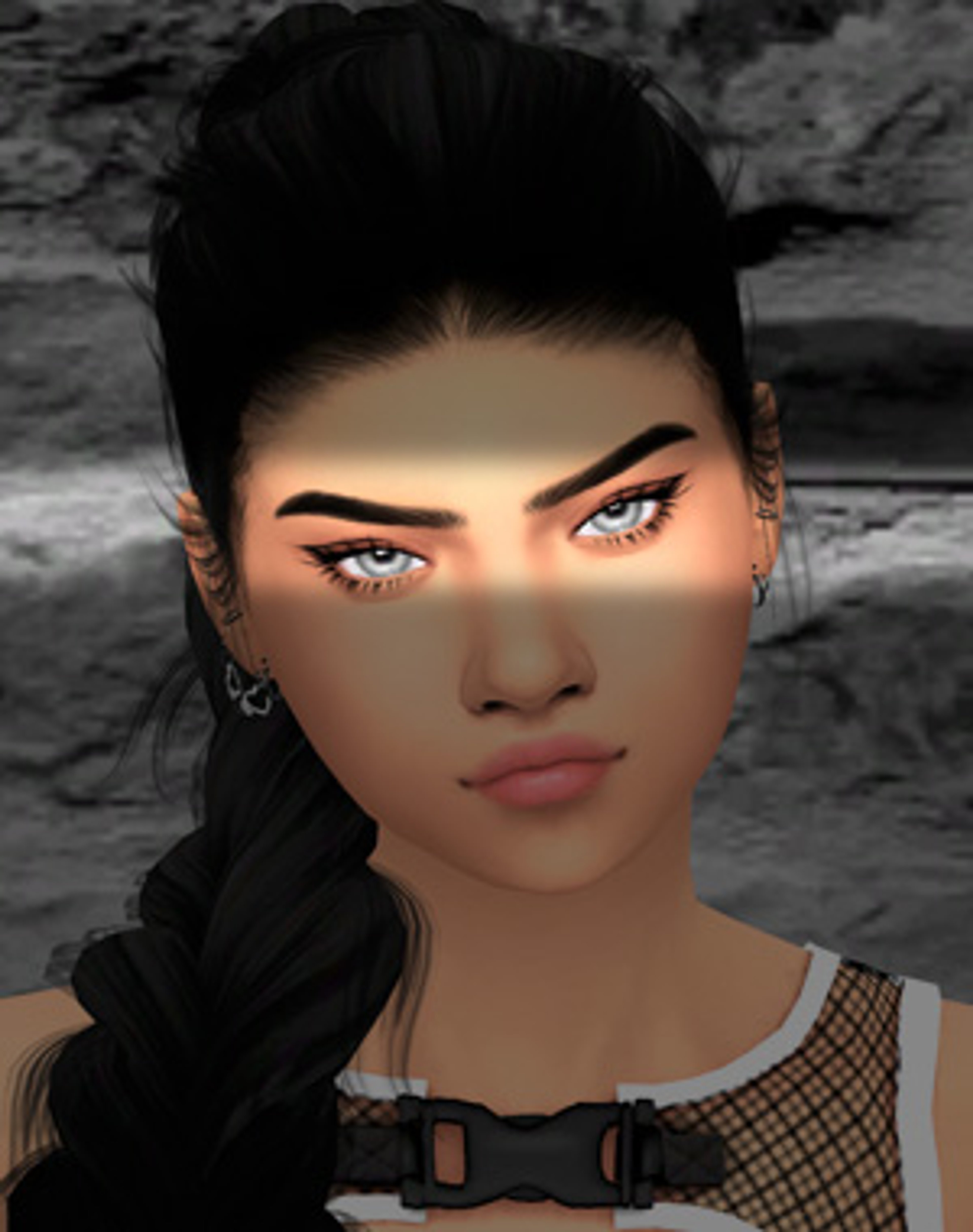 Close-up portrait of a young, dark-haired woman with intense features