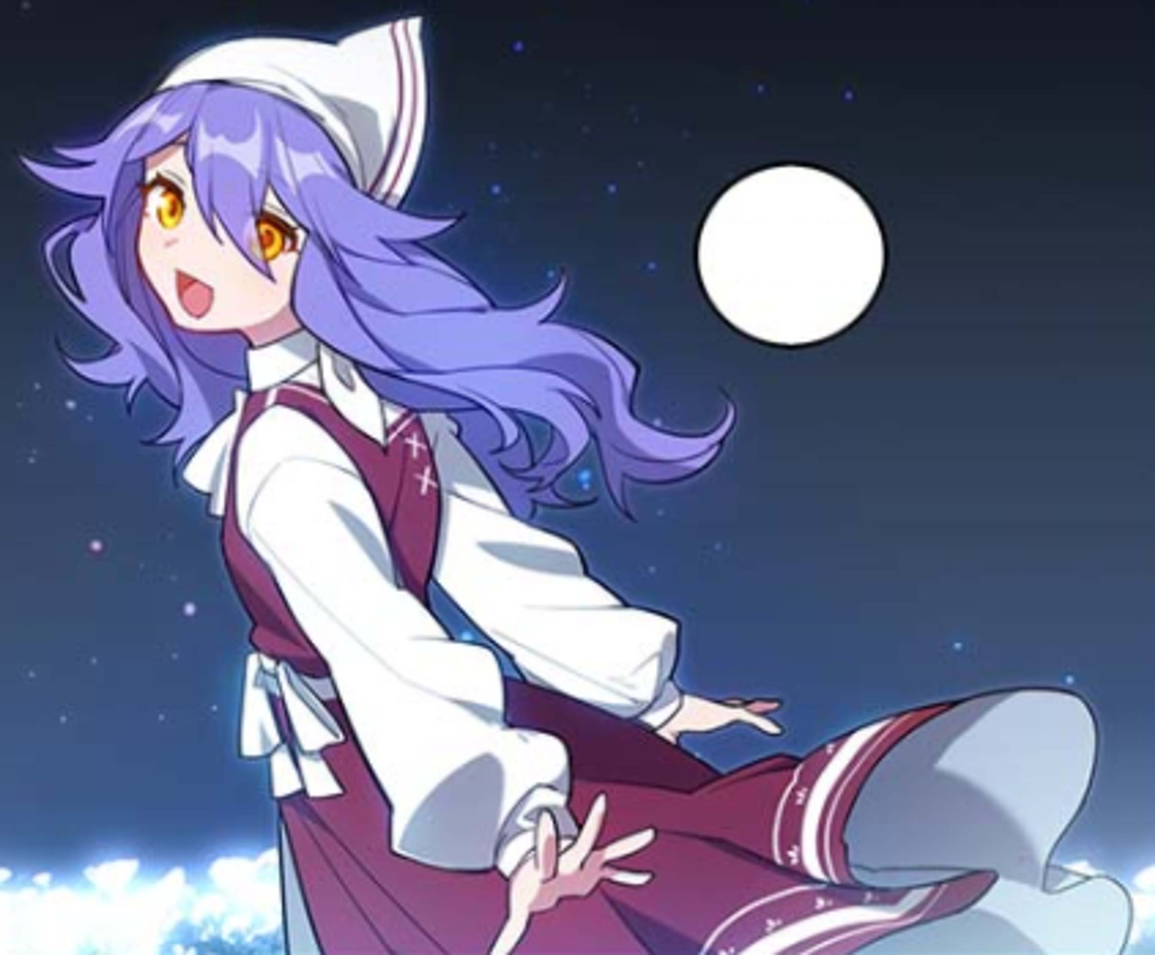 An anime-style character with purple hair and red eyes, wearing a white shirt and red skirt, sitting on the ground under the night sky.