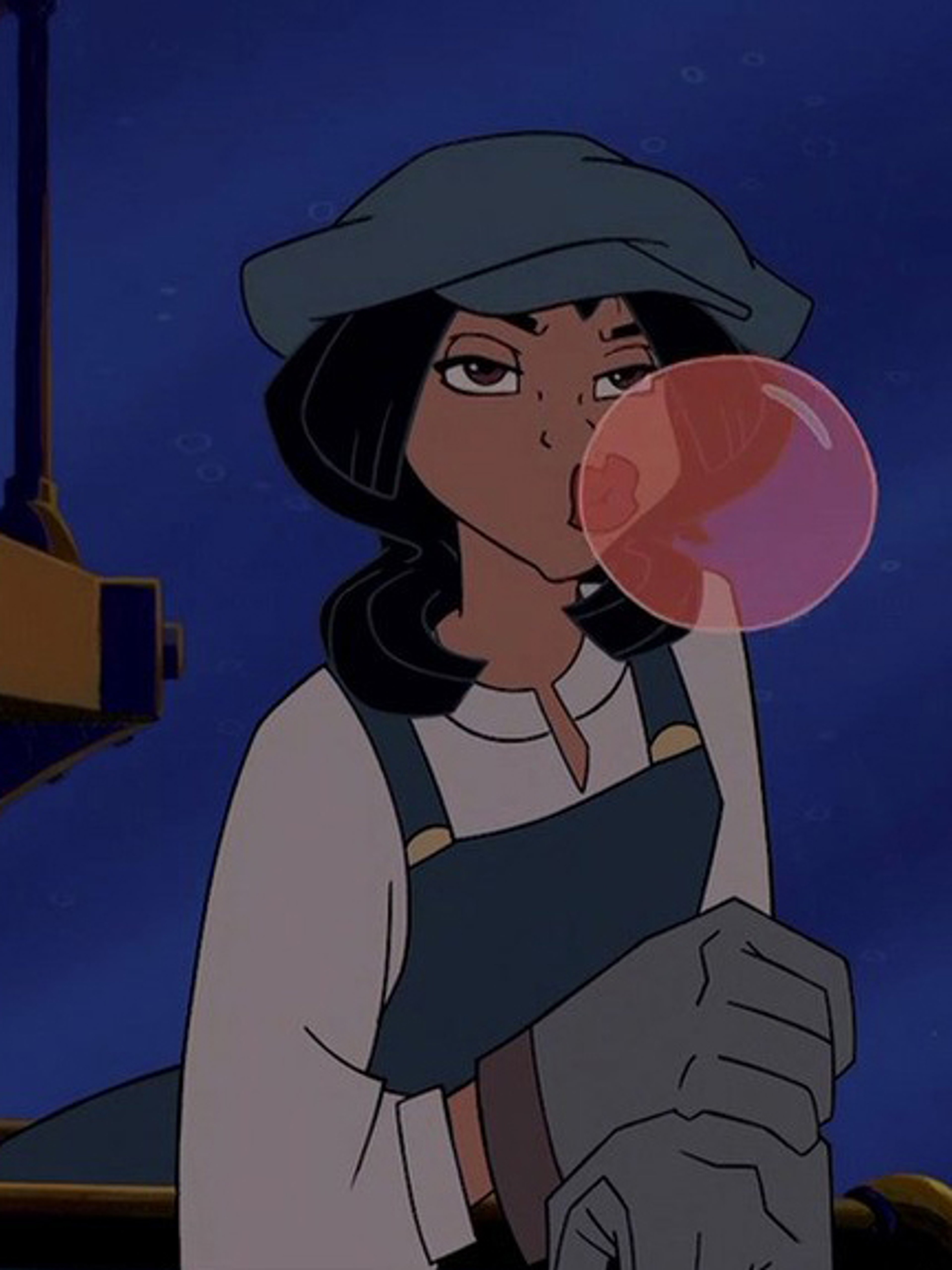 An animated female character with curly black hair, brown eyes, and tan skin, wearing a newsboy cap, white shirt, blue overalls, and tan work gloves, blowing a bubble with pink bubblegum.