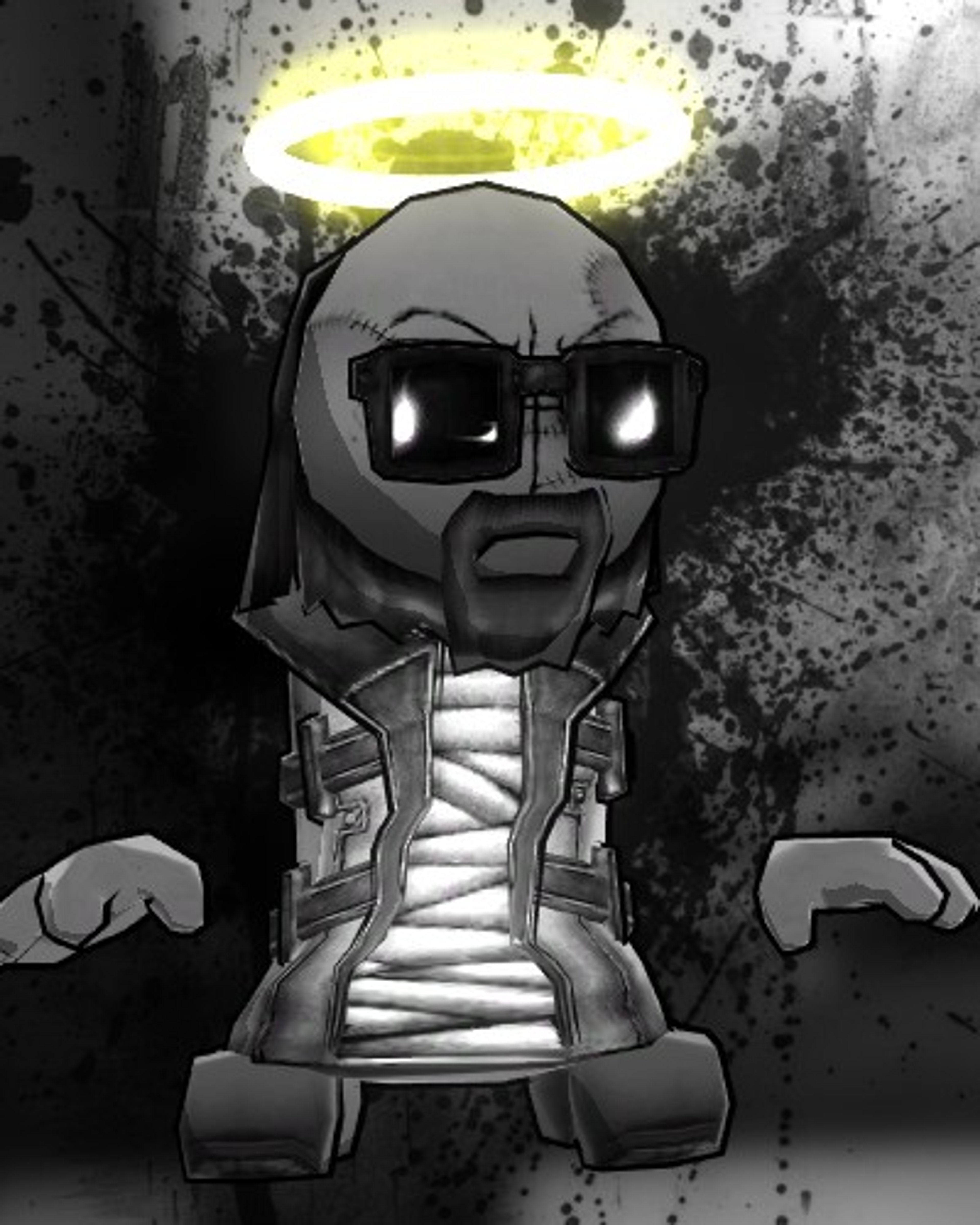 A humanoid figure with a halo, sunglasses, and bandages