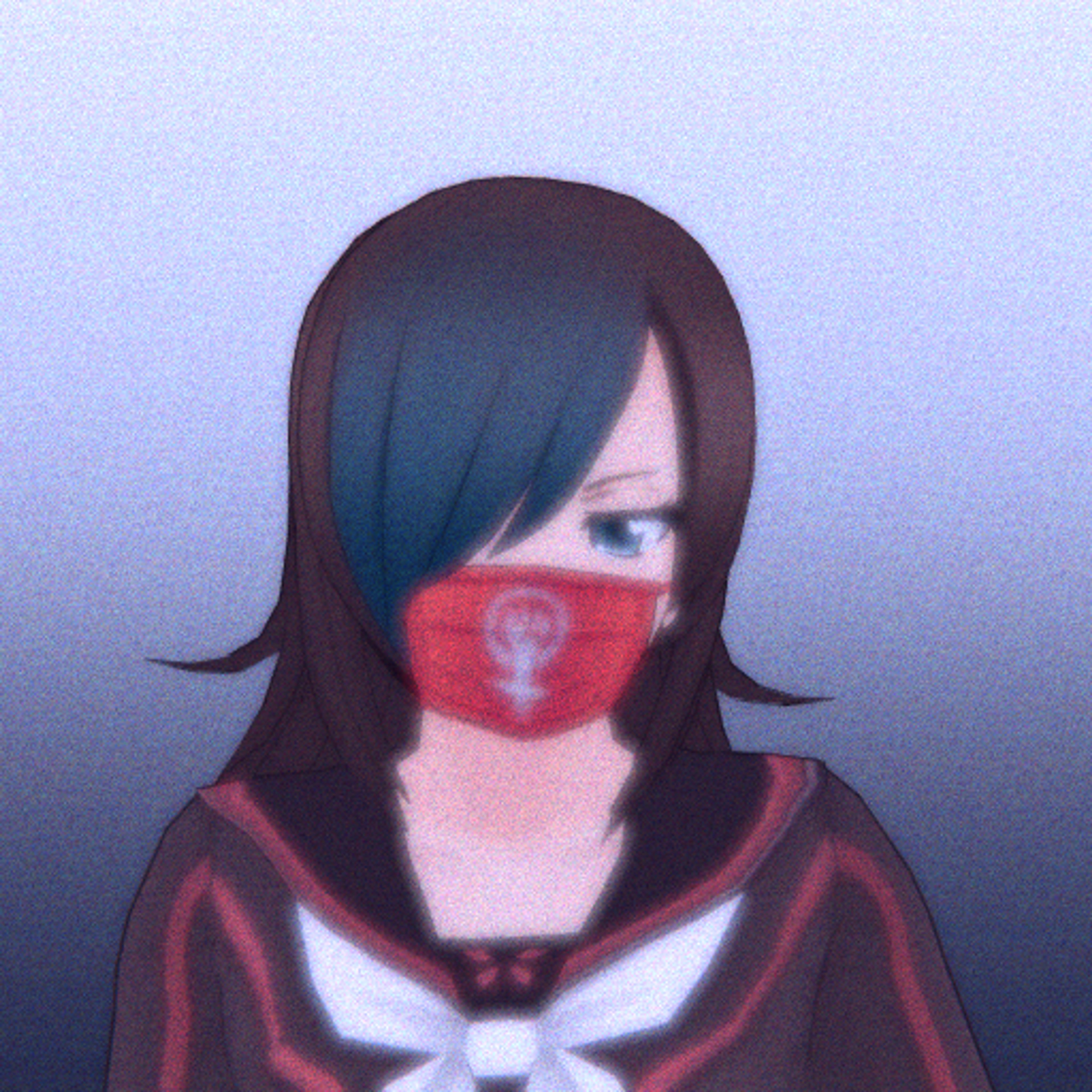 An anime-style character with teal-streaked hair wearing a red and black outfit and a surgical mask, with an intense expression