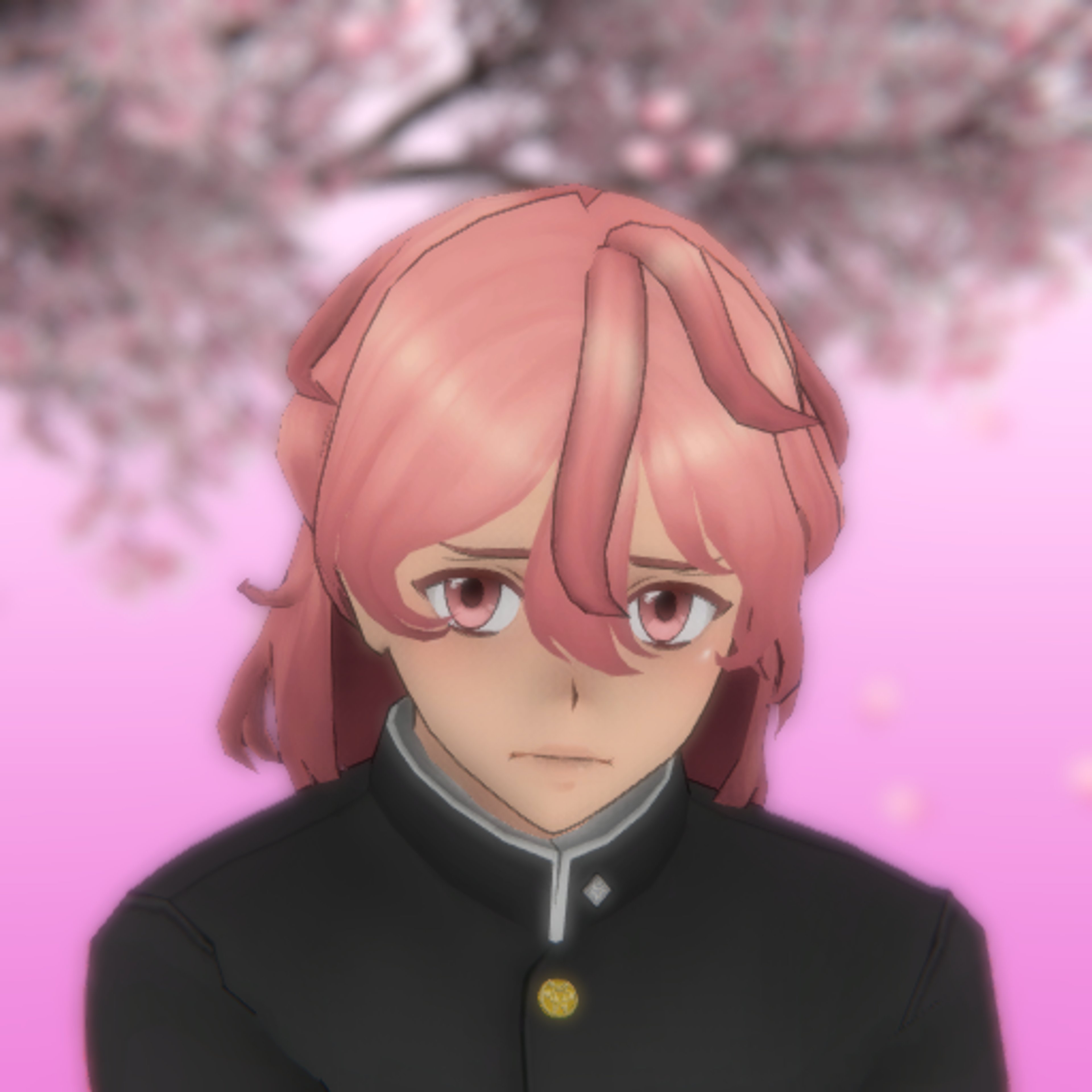 An anime-style character with pink hair and a gentle expression, wearing a black school uniform.