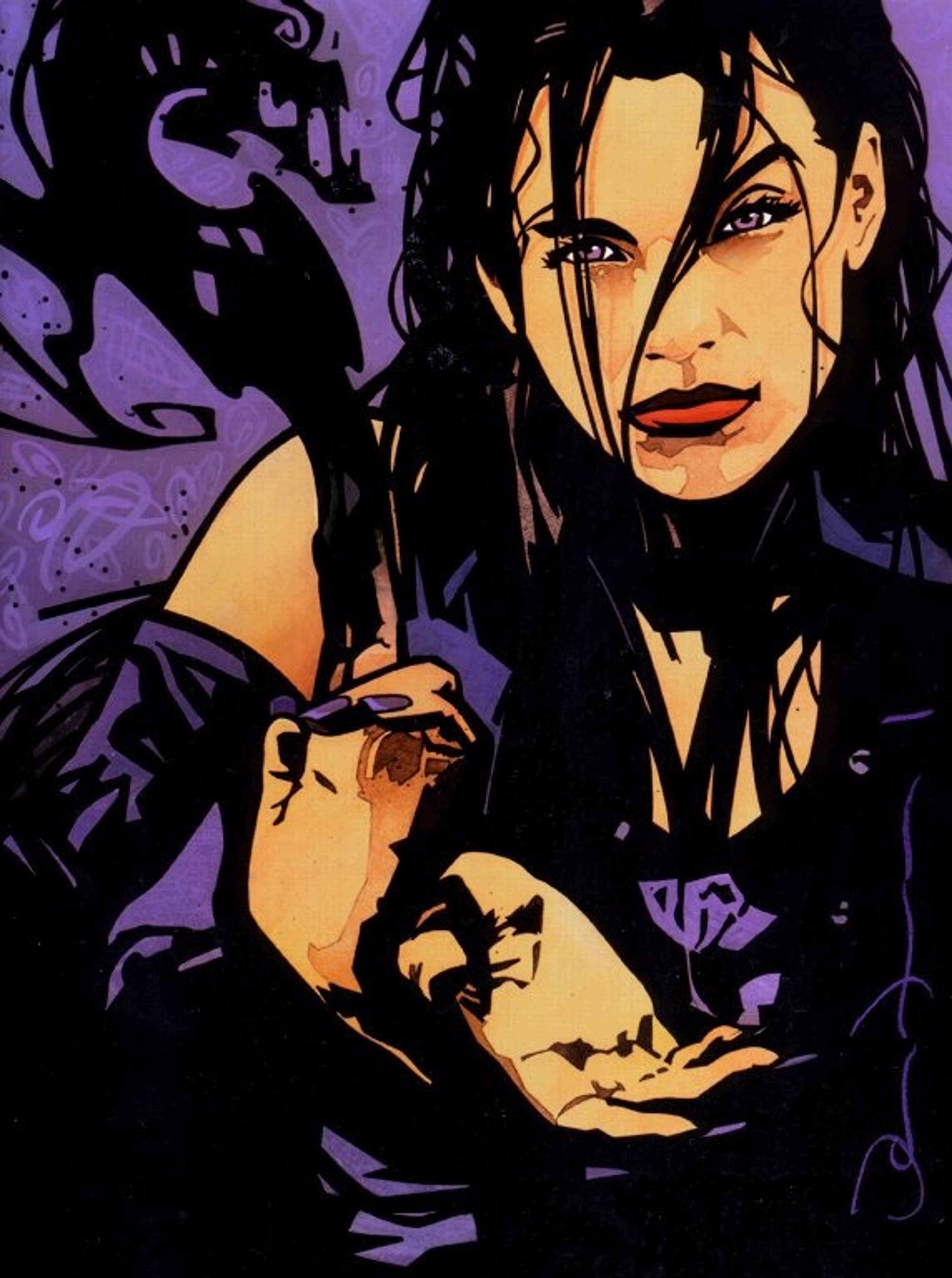 A powerful and enigmatic female figure with dark hair and an intense, dangerous expression.
