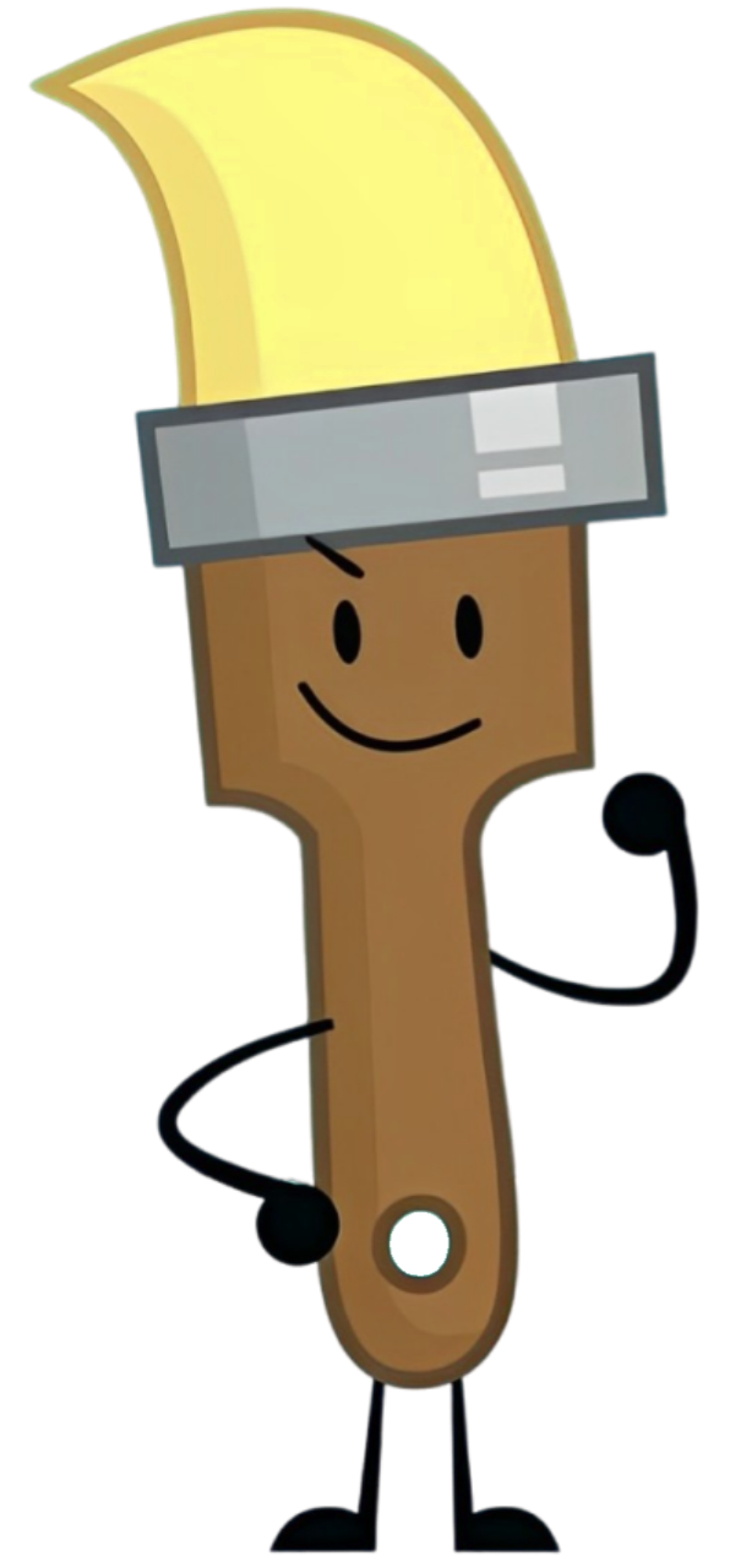 A cartoon paintbrush character with a smiling face and gray band across their eyes