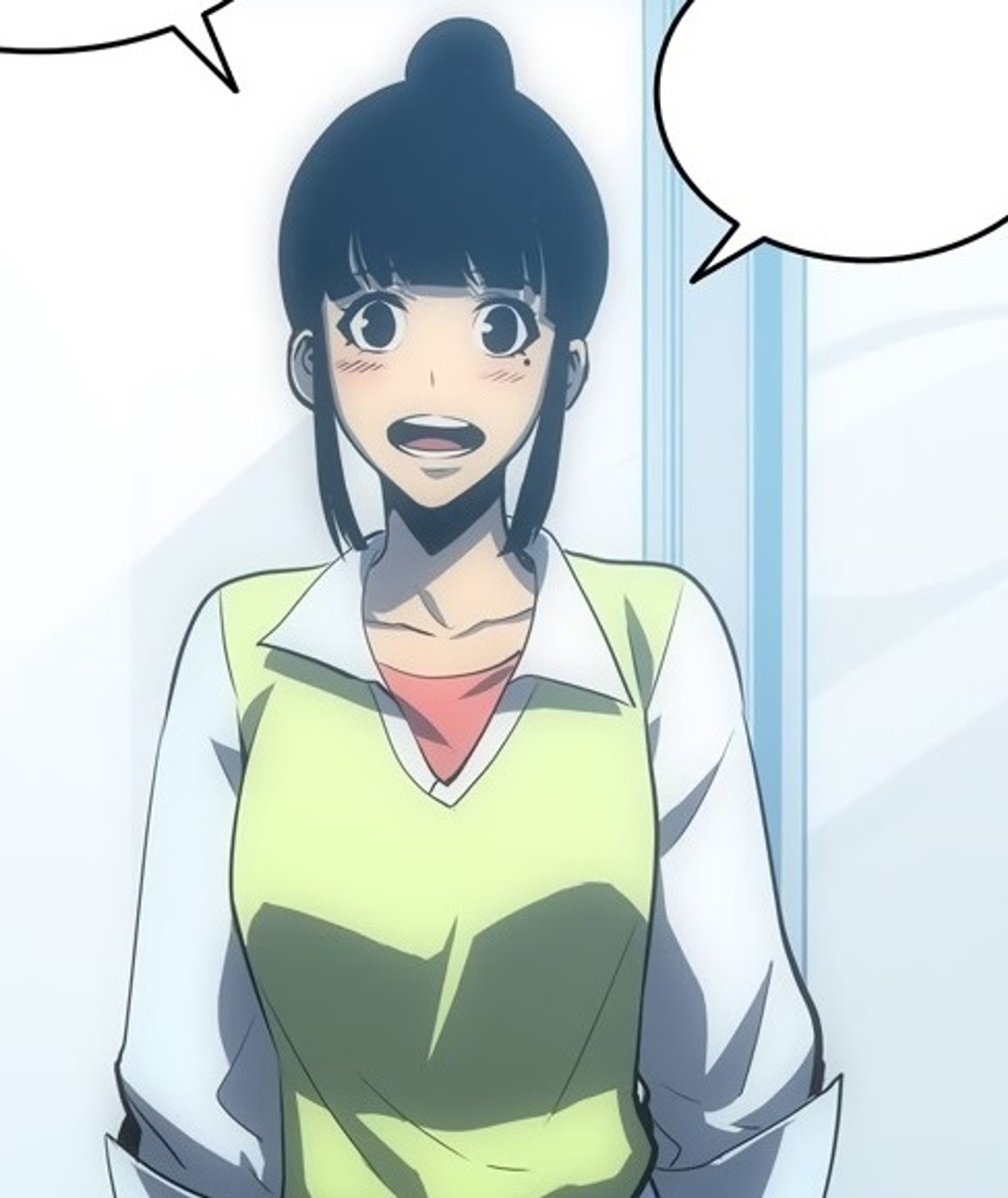 An anime-style character with black hair in a bob cut and a beauty mark under her left eye, wearing a casual outfit.