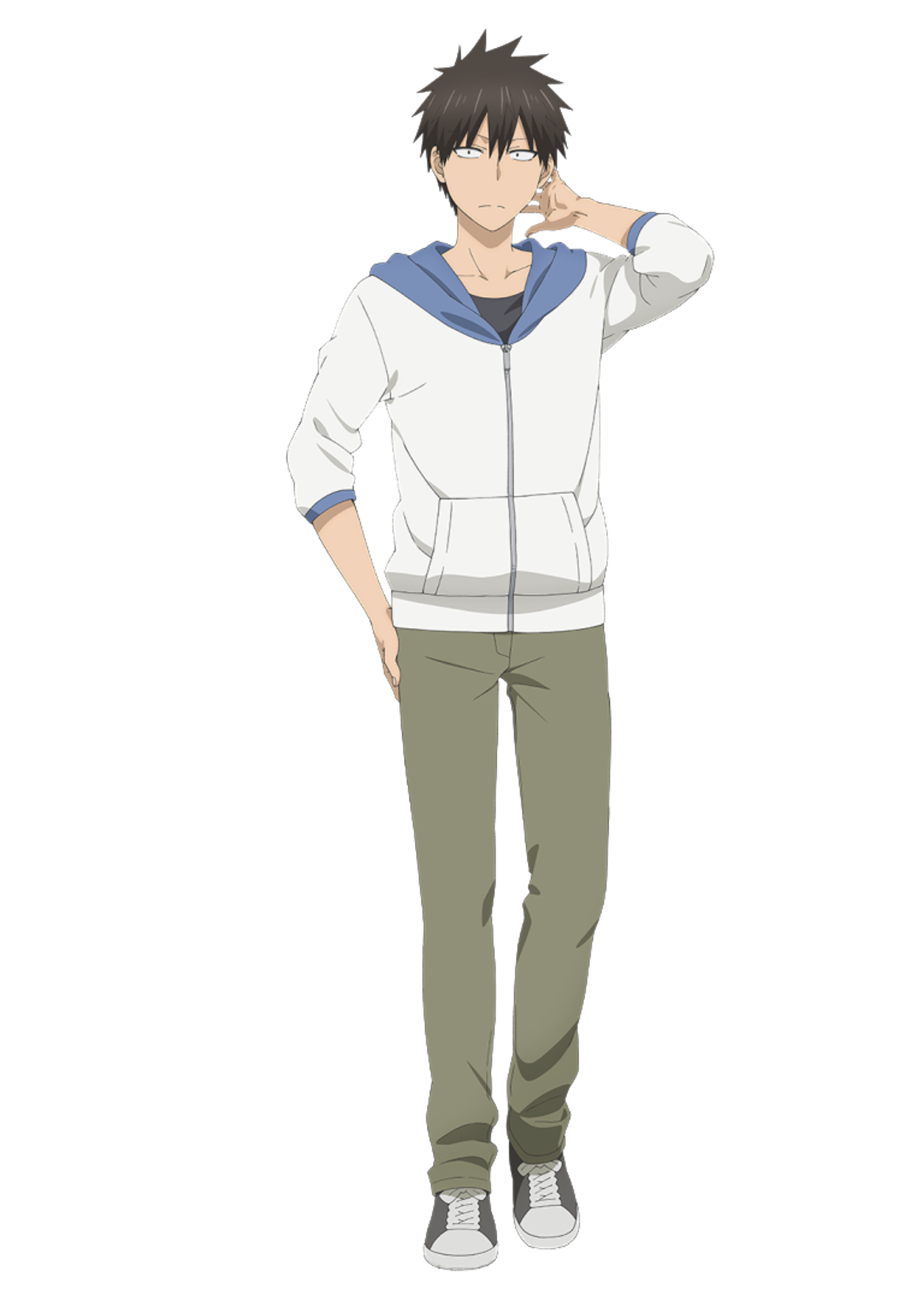 An anime-style character with dark hair and a serious expression, wearing a white jacket, light pants, and sneakers.