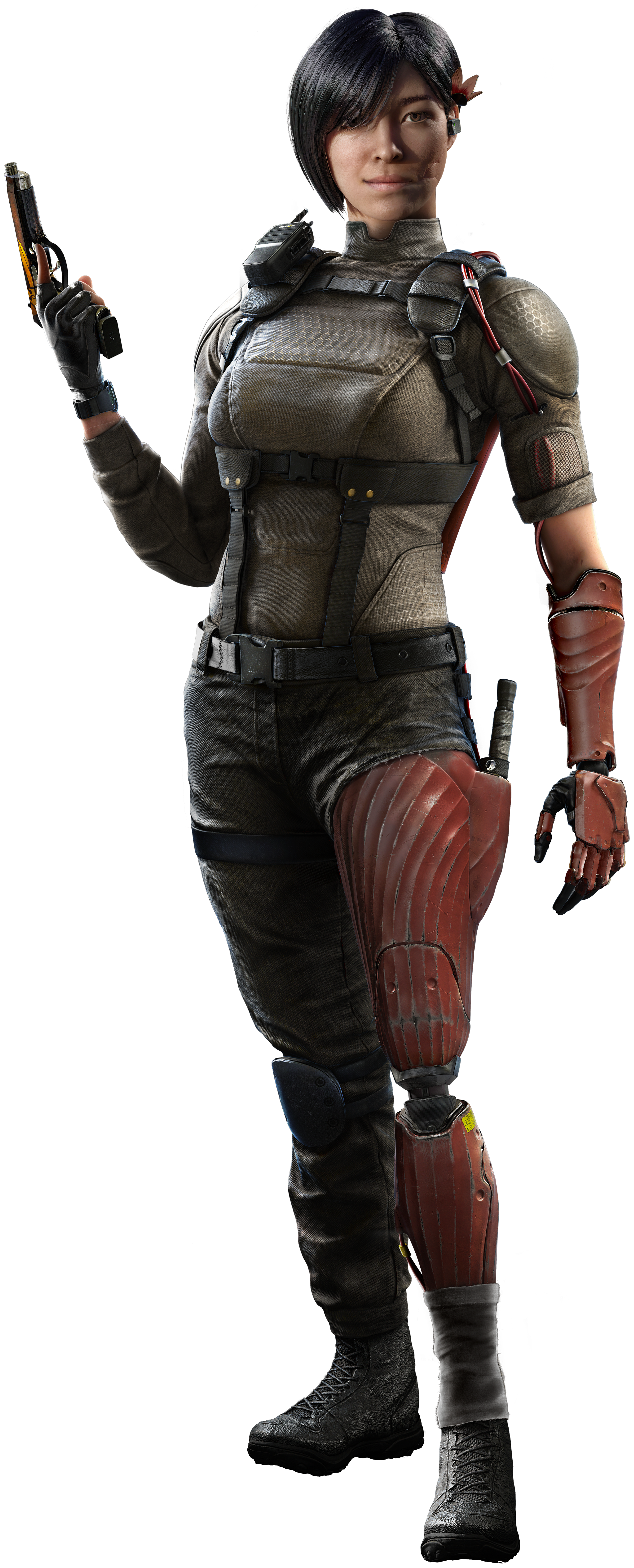 A female character with cybernetic prosthetics wearing a tactical outfit and holding a firearm.