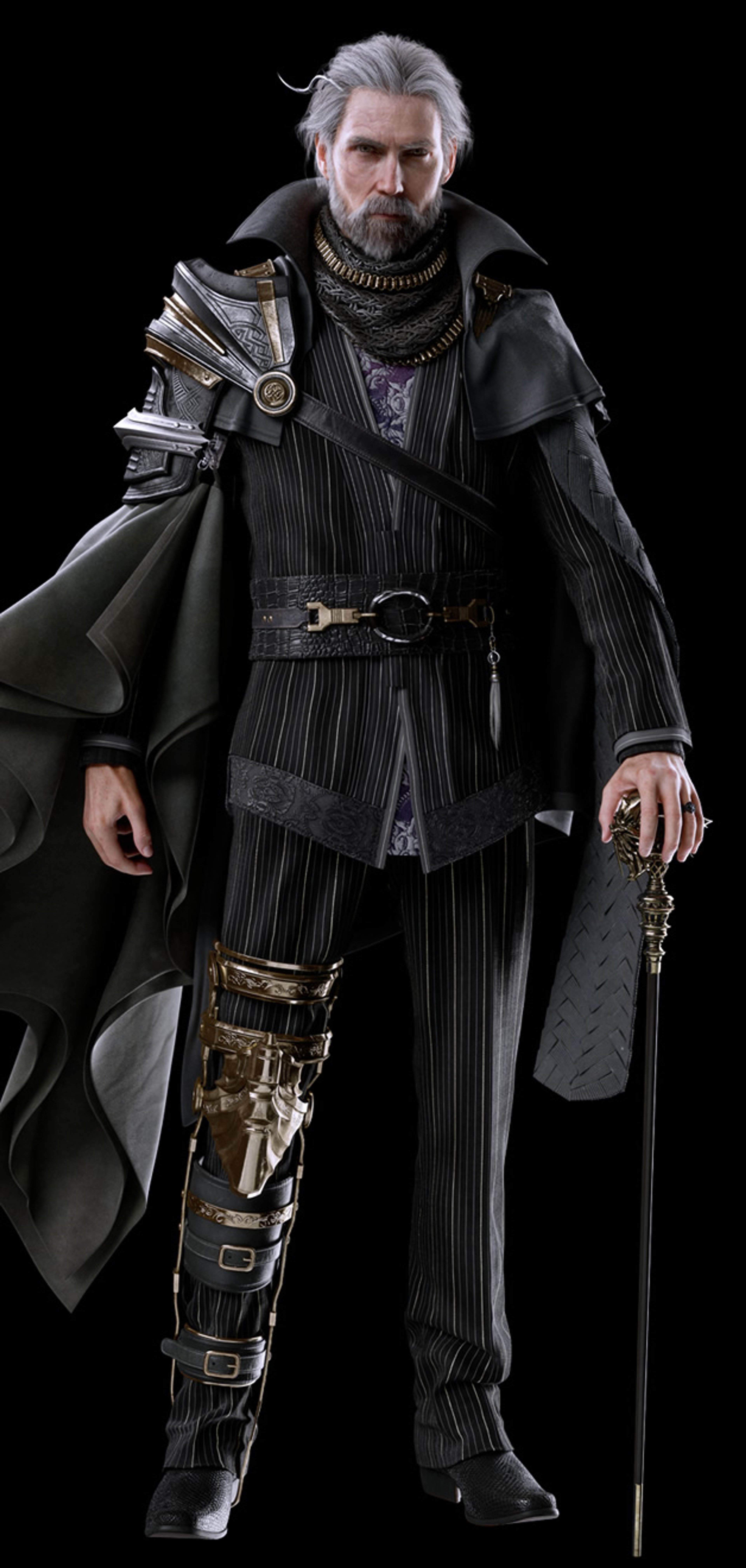 A man in a dark, ornate fantasy outfit holding a sword