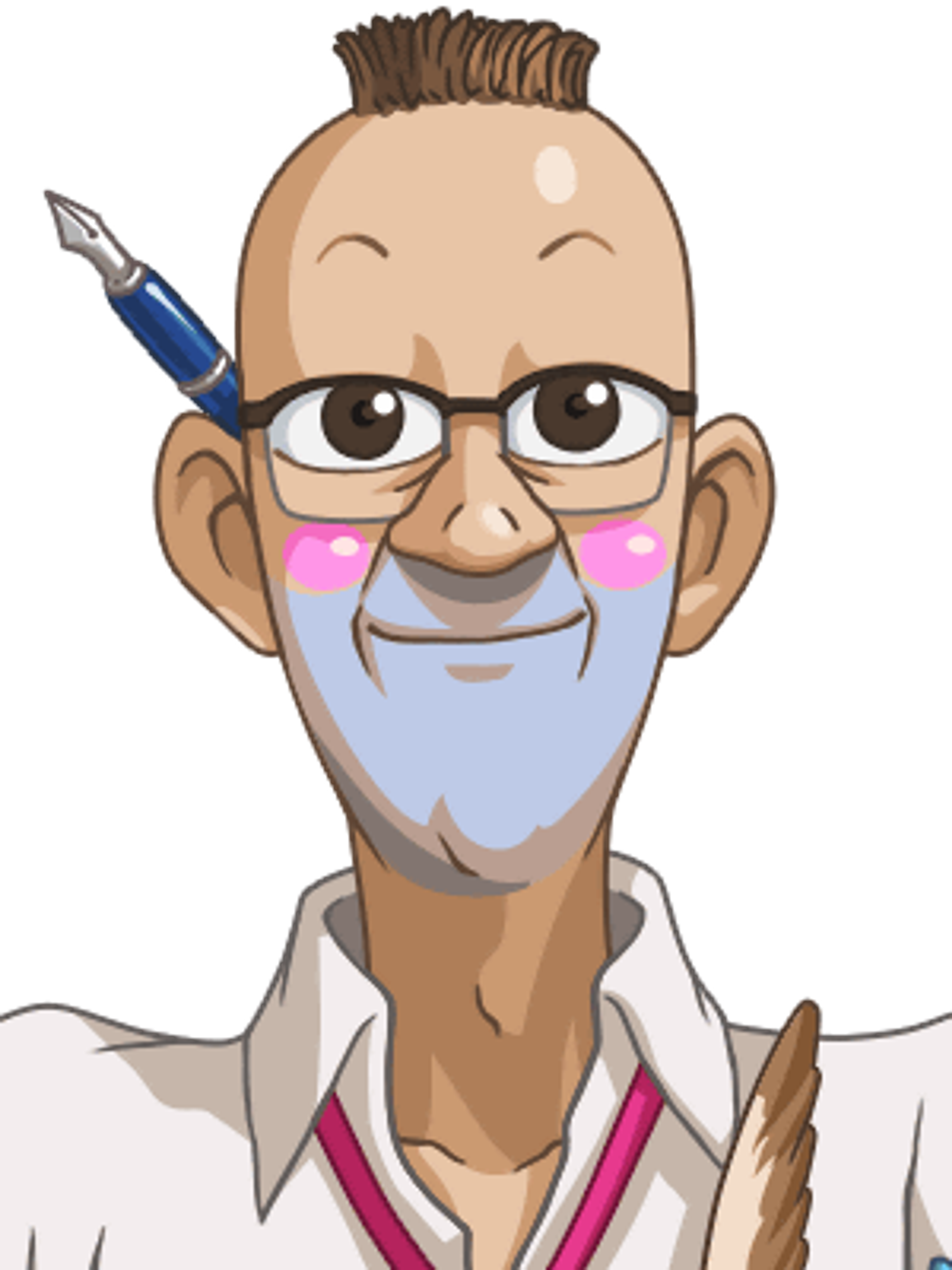 An animated character with a bushy beard and glasses, wearing a light-colored suit jacket.