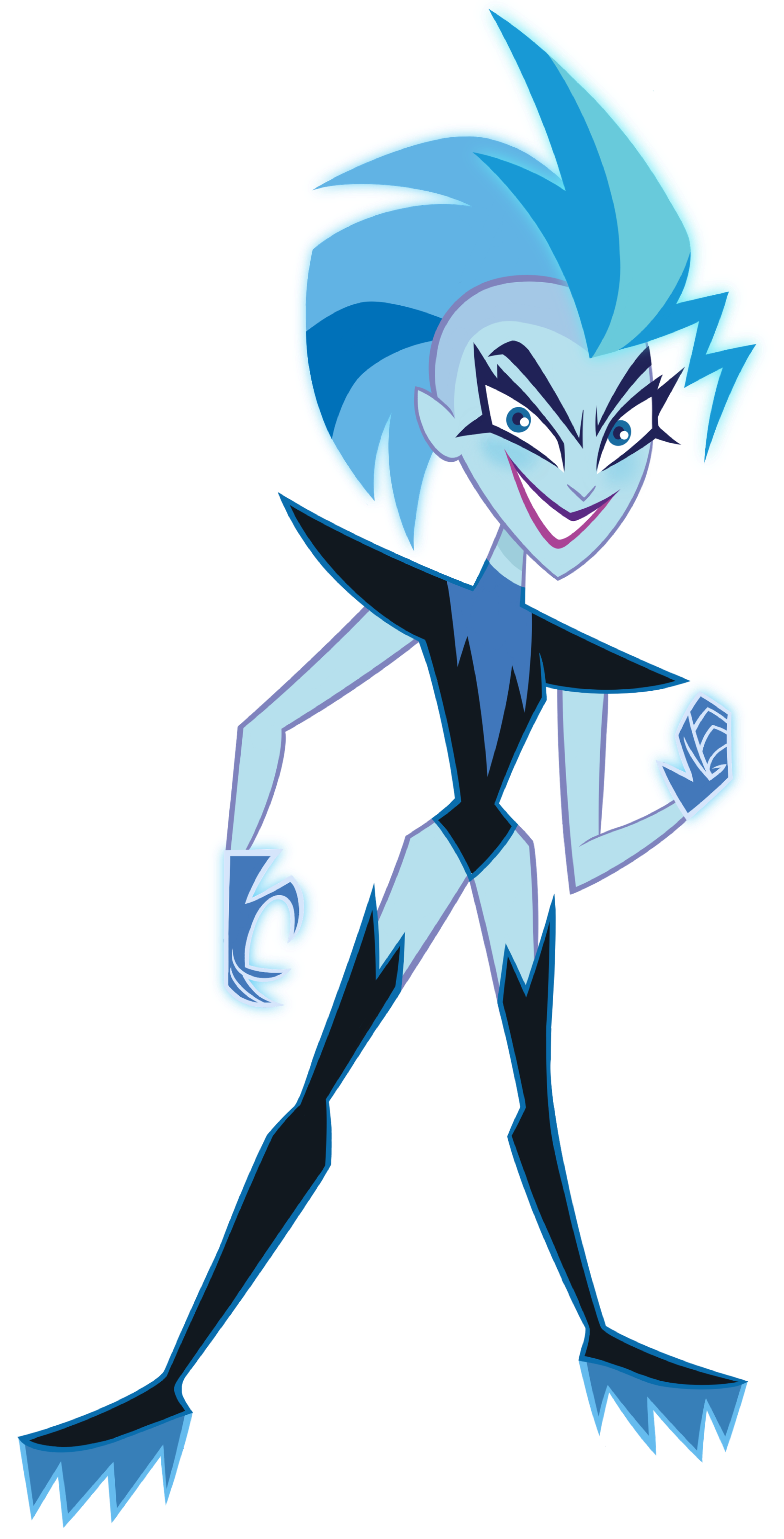 A female supervillain character with blue and black costume, spiky blue hair, and glowing blue eyes.