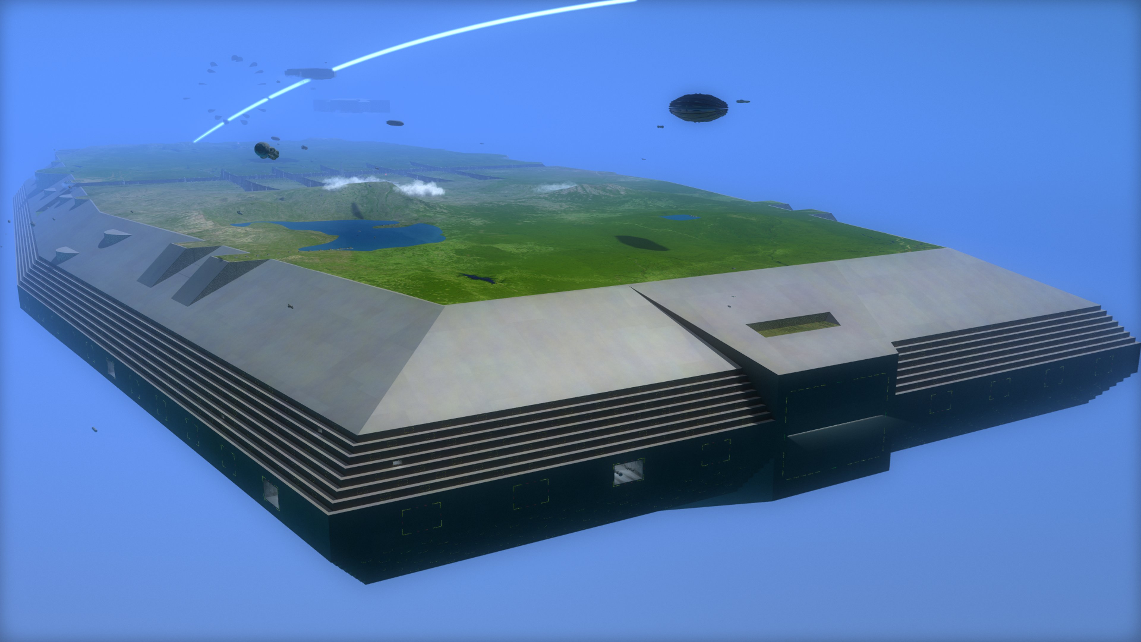 A massive, futuristic-looking starship with a sleek, angular design floating in a bright blue sky.