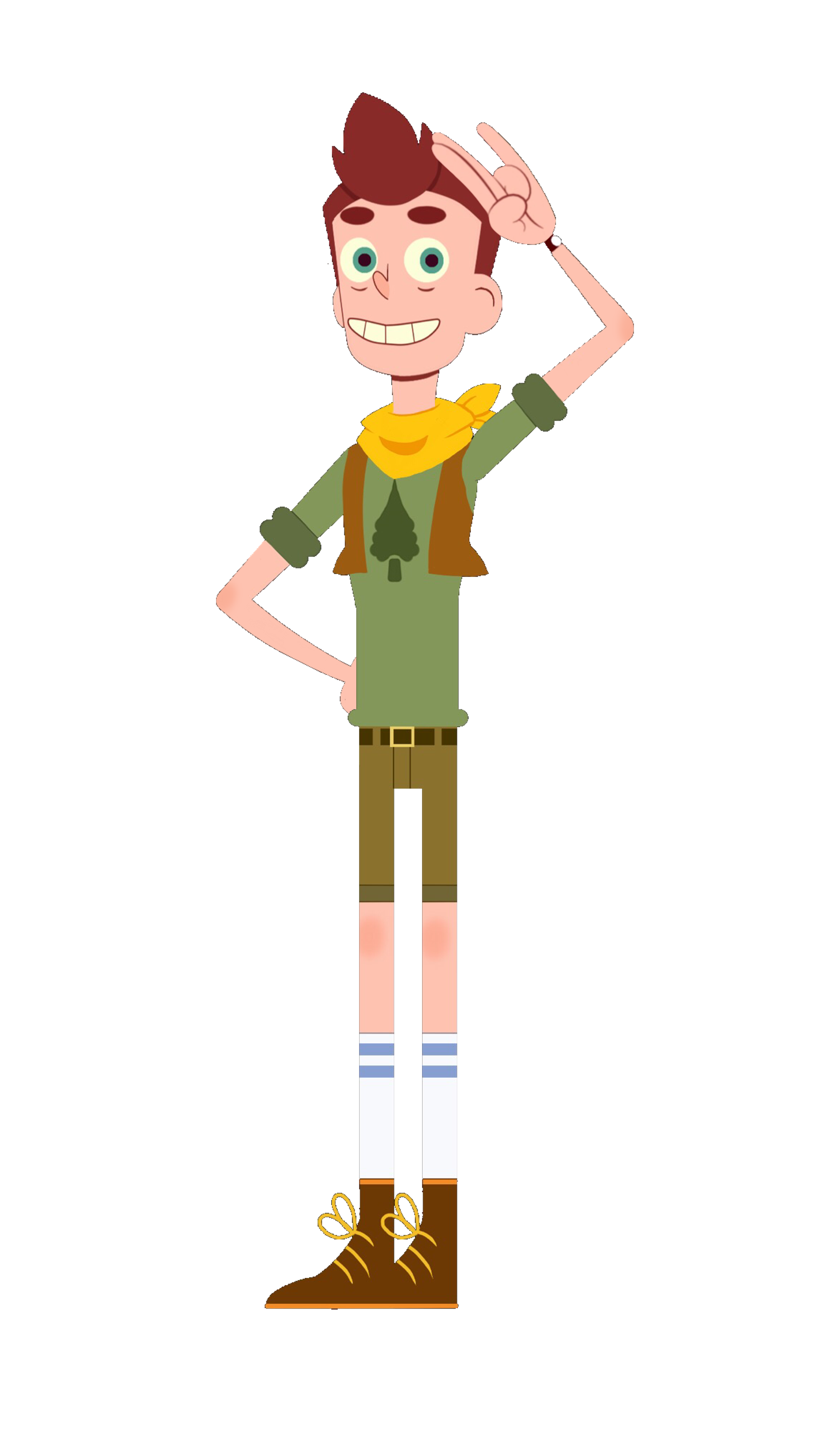 An animated character with a large smile, red mohawk-style hair, and colorful clothing