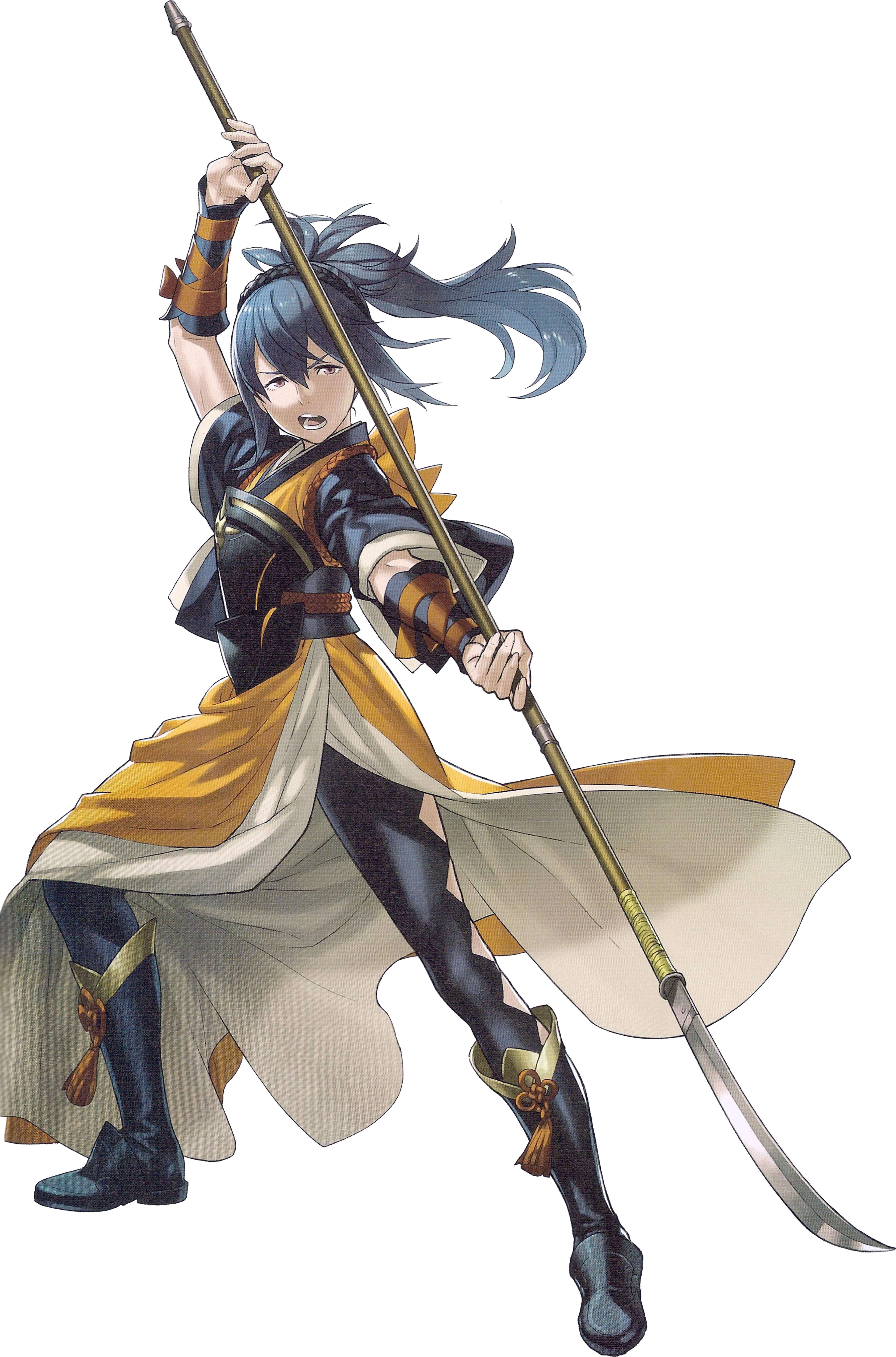 An anime-style character with long dark hair wielding a naginata