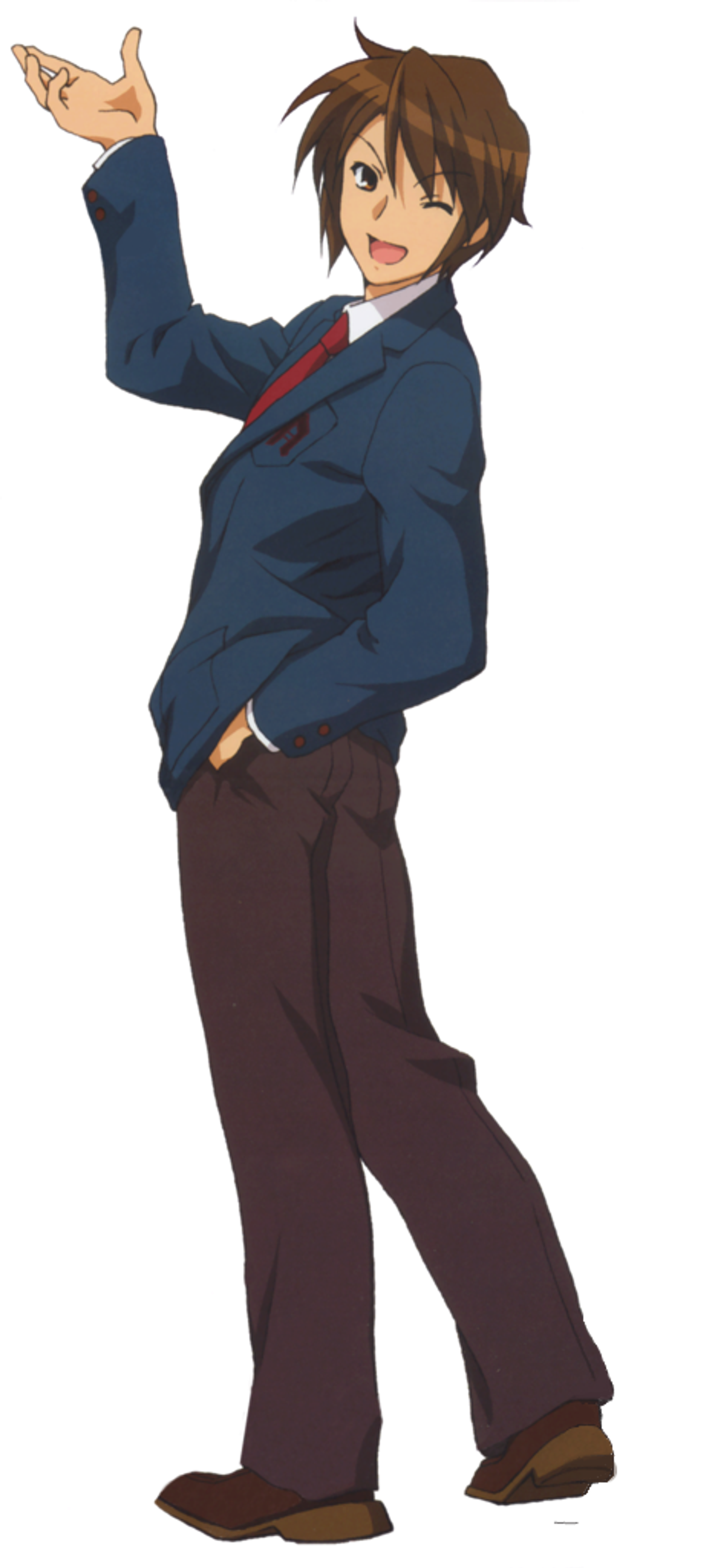 An animated male character in a navy blue suit jacket and brown pants, with neatly styled brown hair and a constant smile.