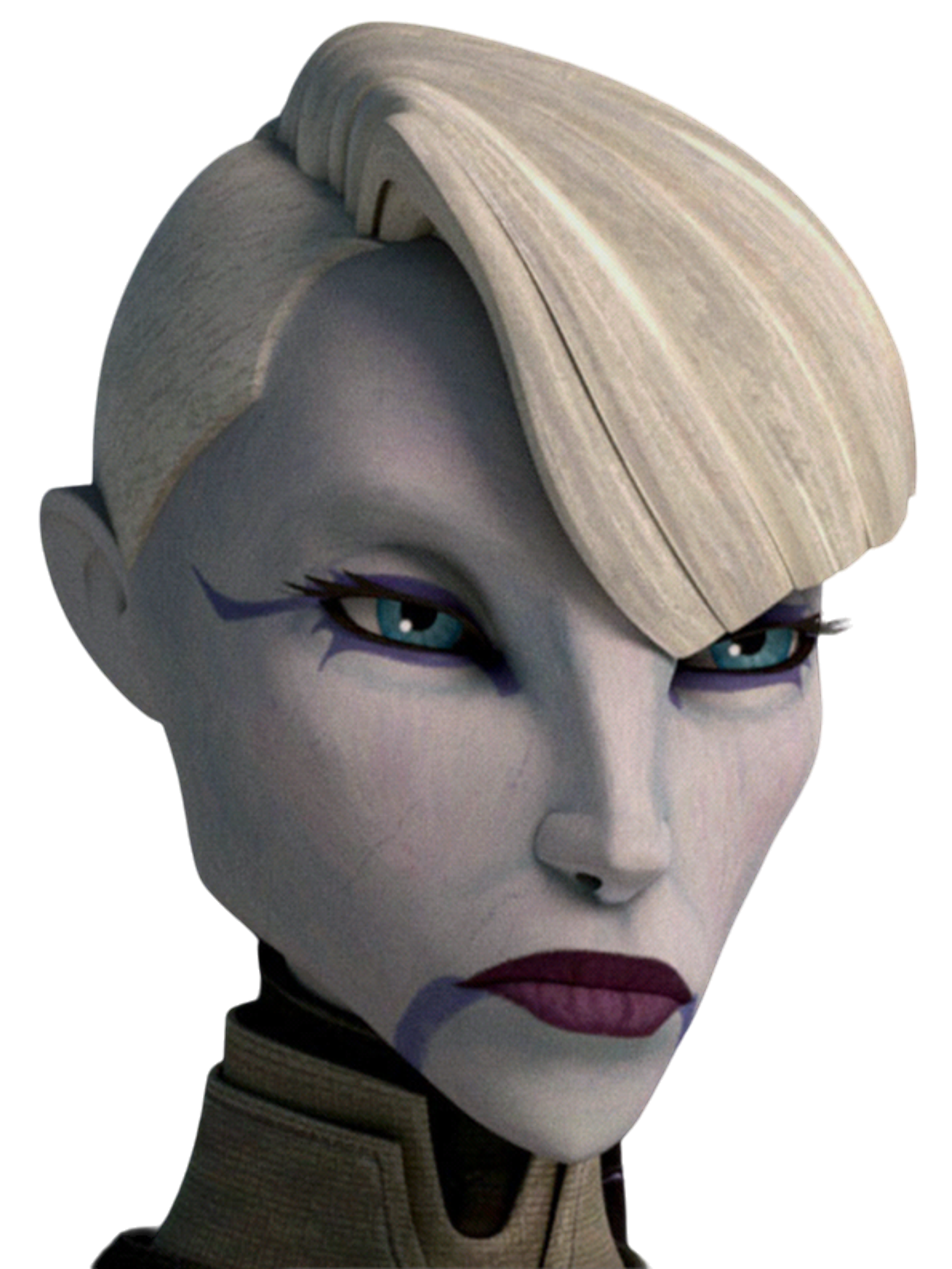 A female character with a bald head, tattoos, and an intense expression