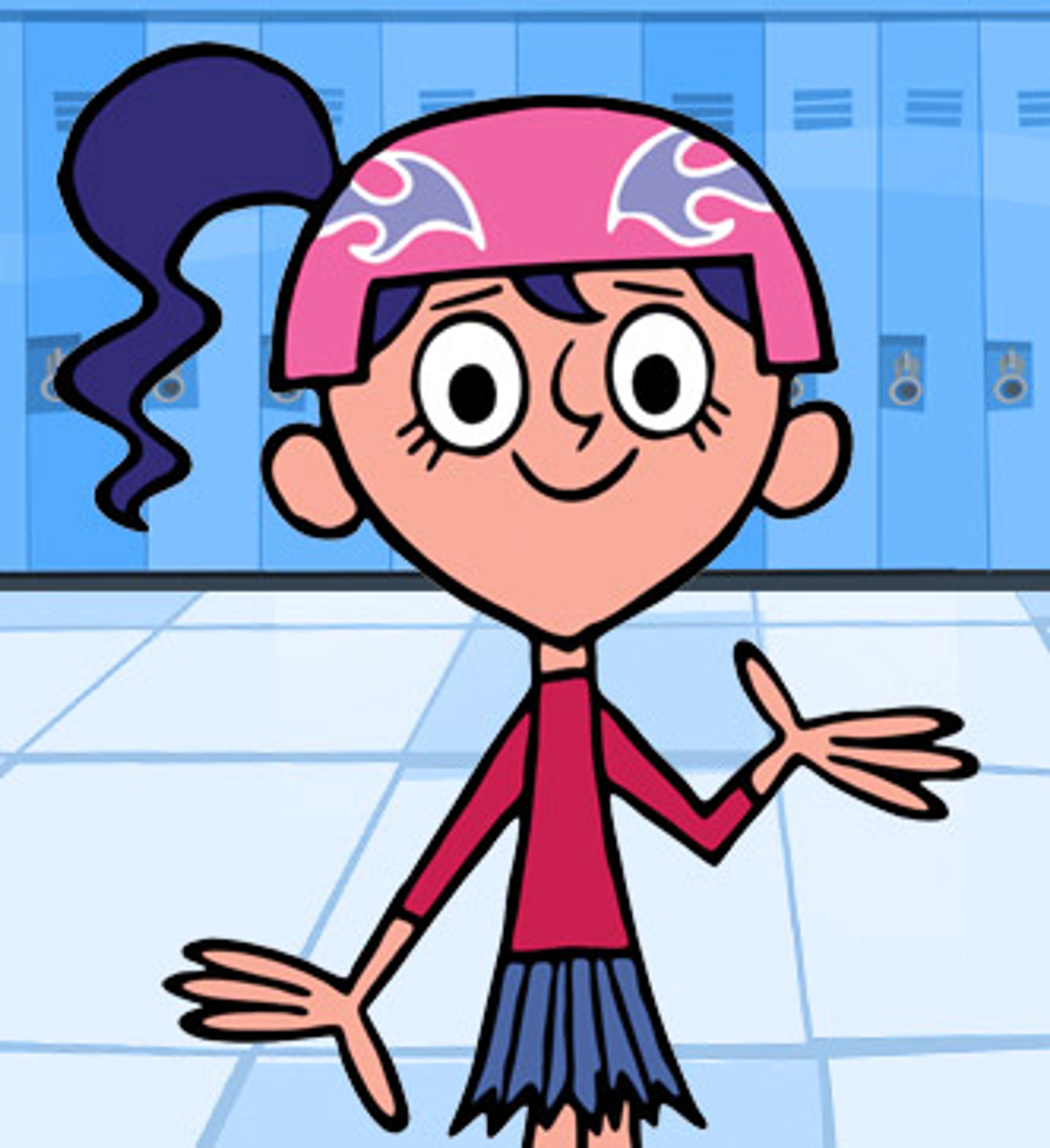 A cartoon girl with wavy blue hair, wearing a pink helmet, roller skates, and a reddish-violet shirt and blue skirt.