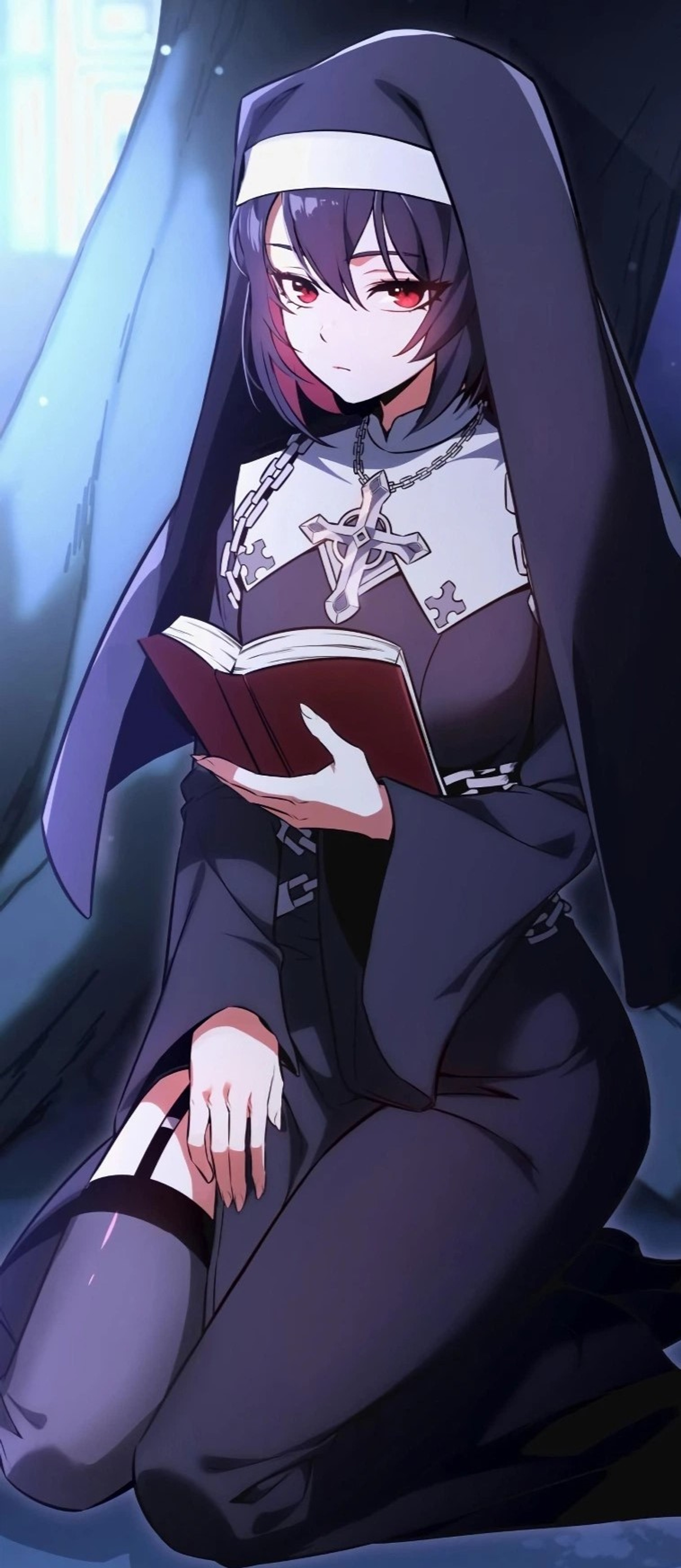 An anime-style character with long dark hair wearing a hooded robe, holding an open book.