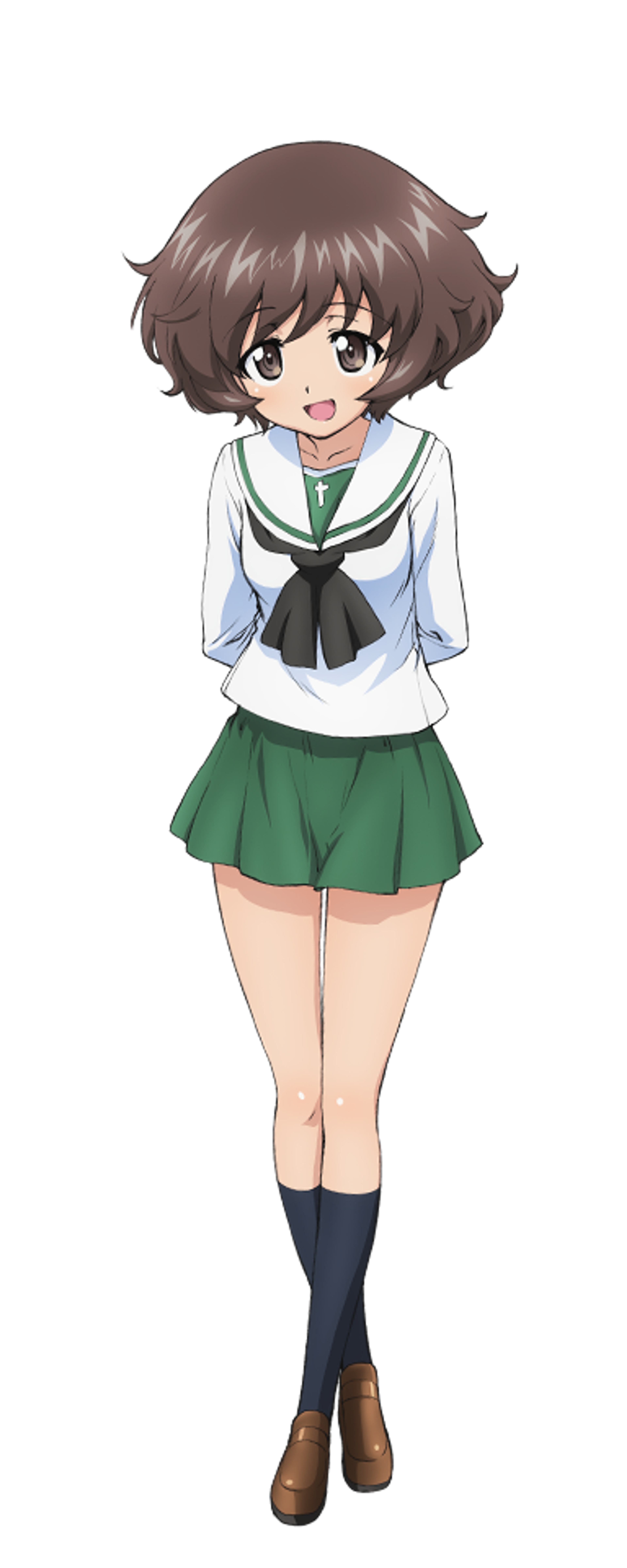 An anime-style character with messy brown hair wearing a green skirt and white shirt with a black bow tie