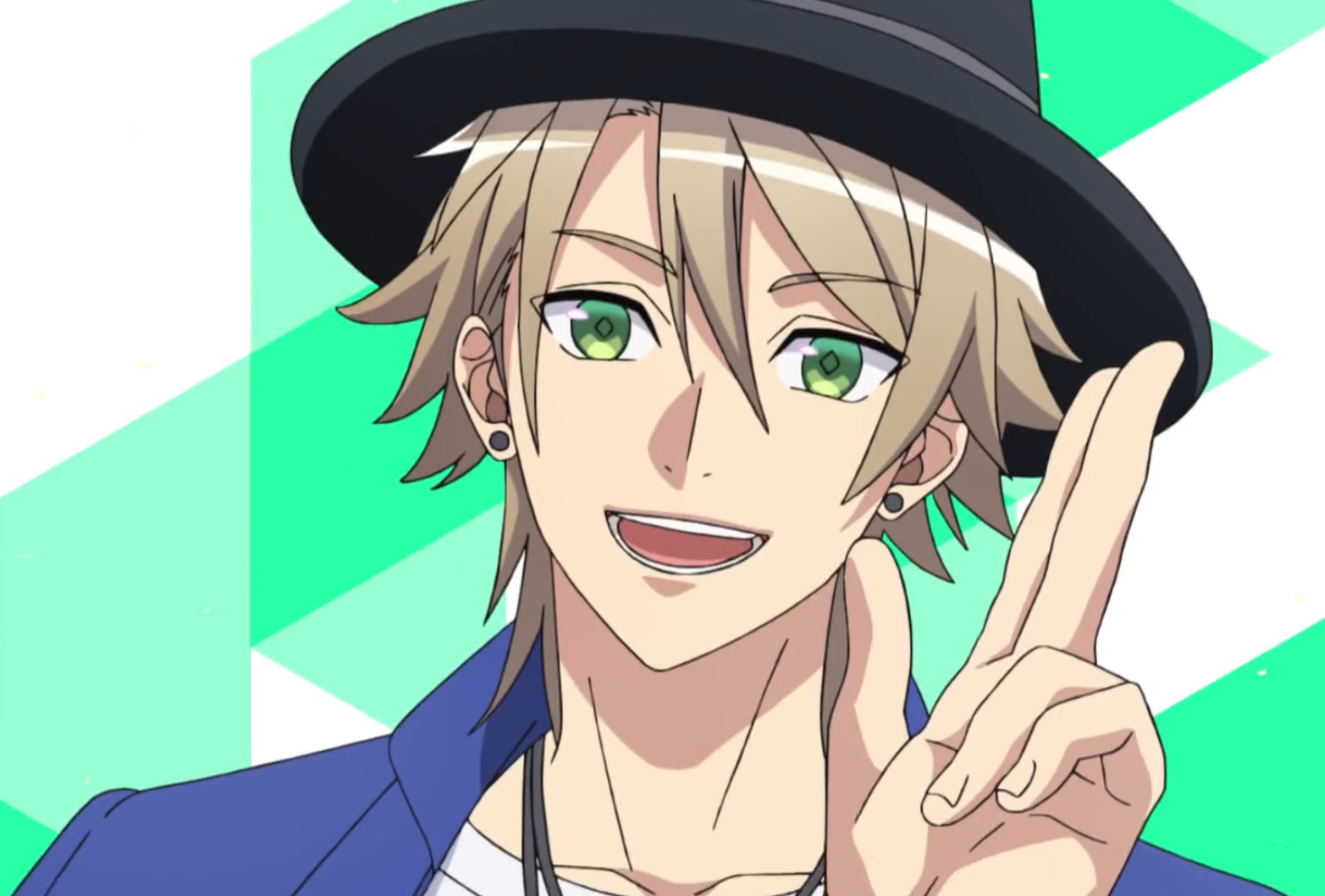 A young man with bleached blonde hair making a peace sign gesture and smiling