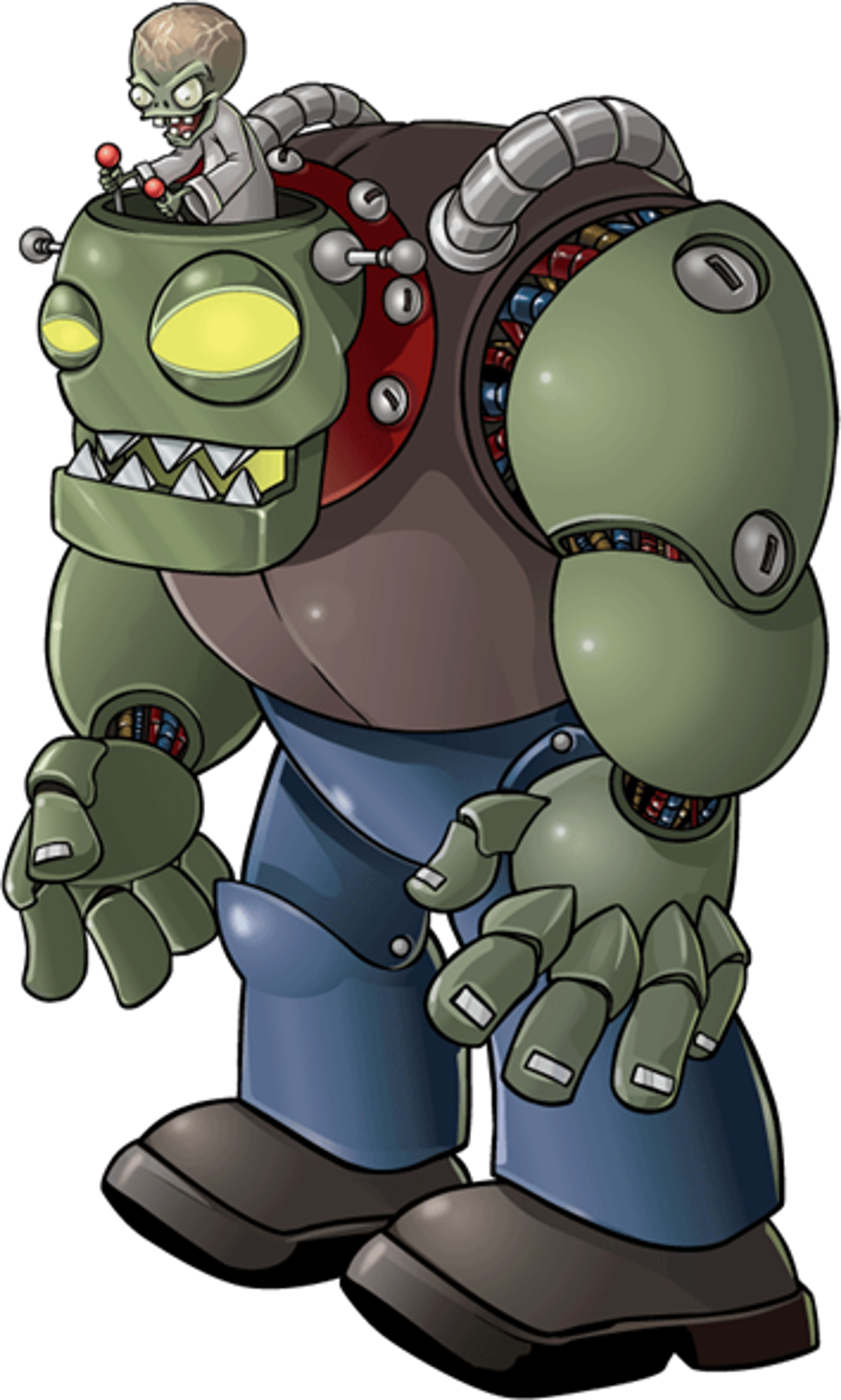 A large, green, robotic-looking zombie character with a sinister appearance