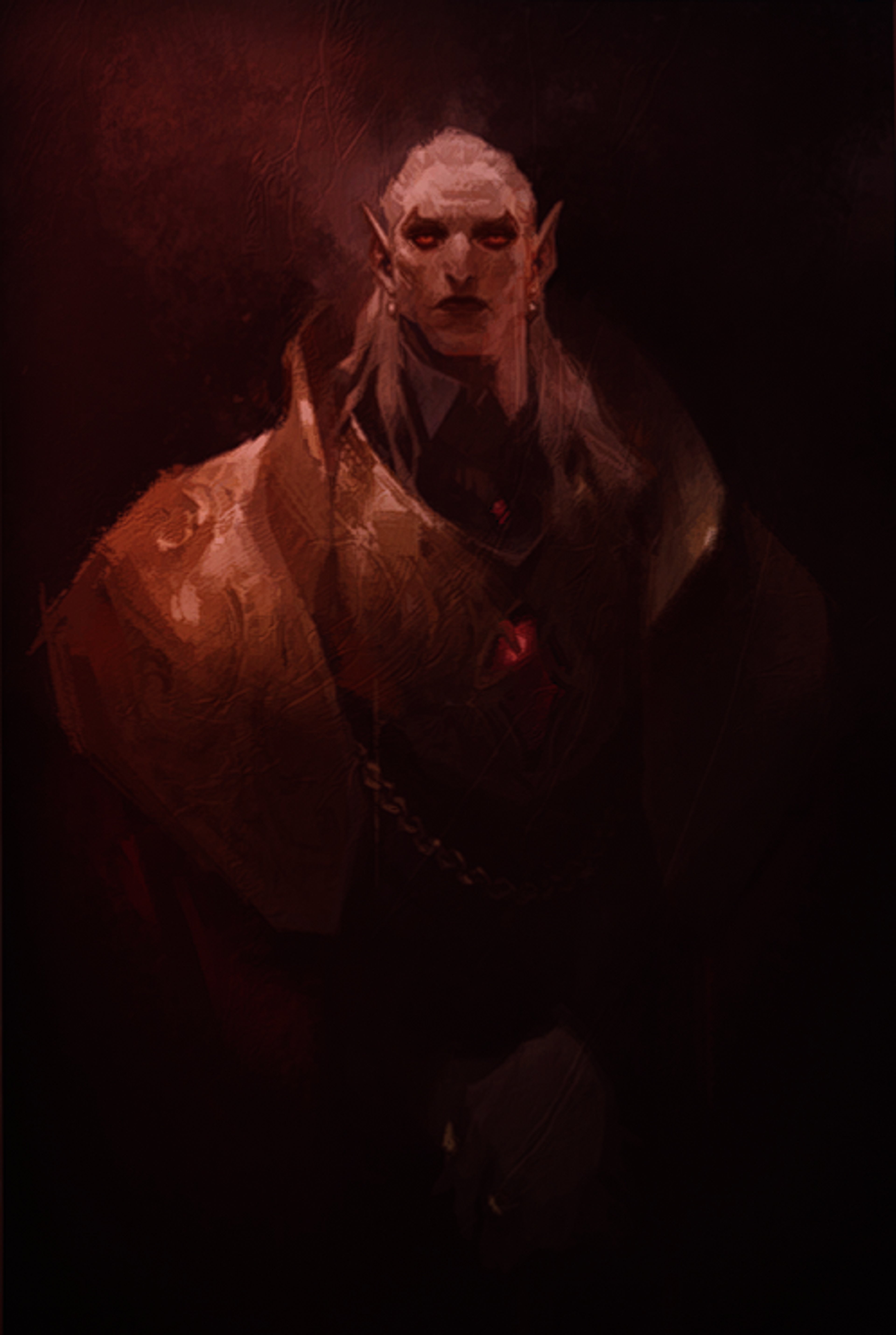 A dark, ominous figure with pale skin, long white hair, and red eyes, wearing a high-collared black cape.