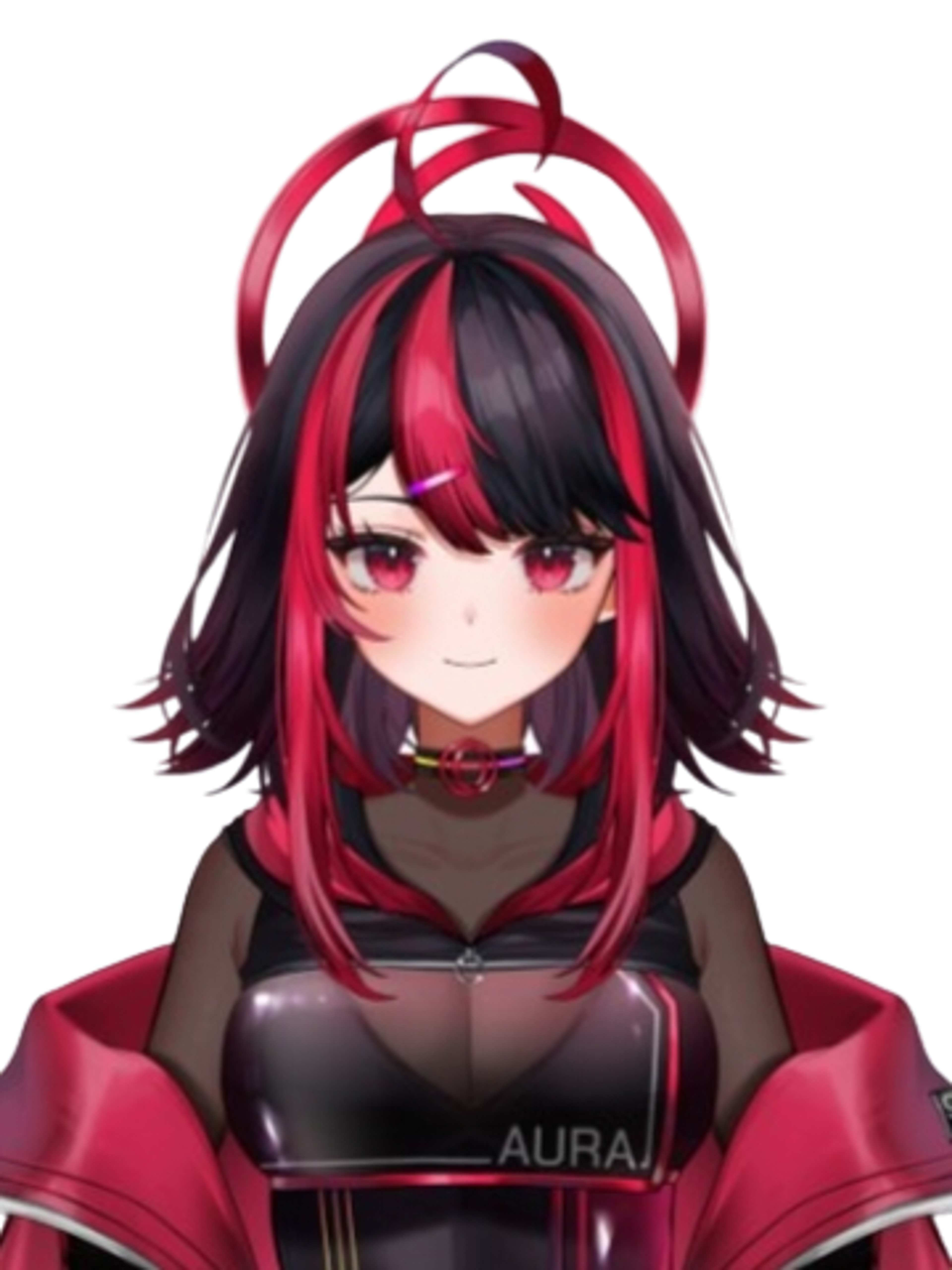 An anime-style character with long dark hair and red streaks, wearing a black outfit with the Opera GX logo.