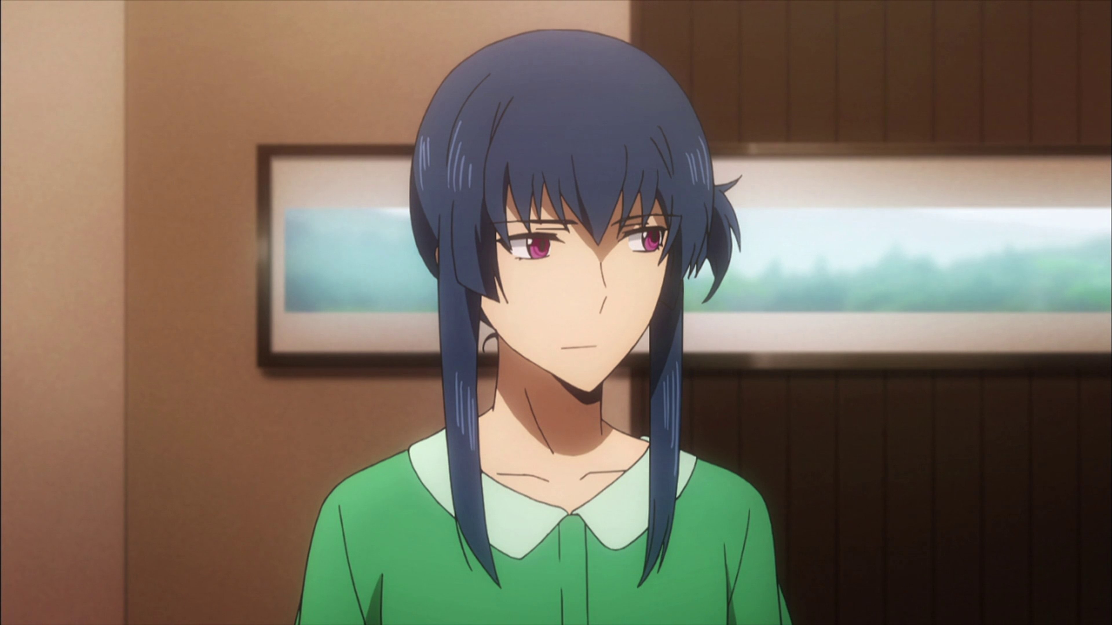 A young woman with short blue hair wearing a green school uniform