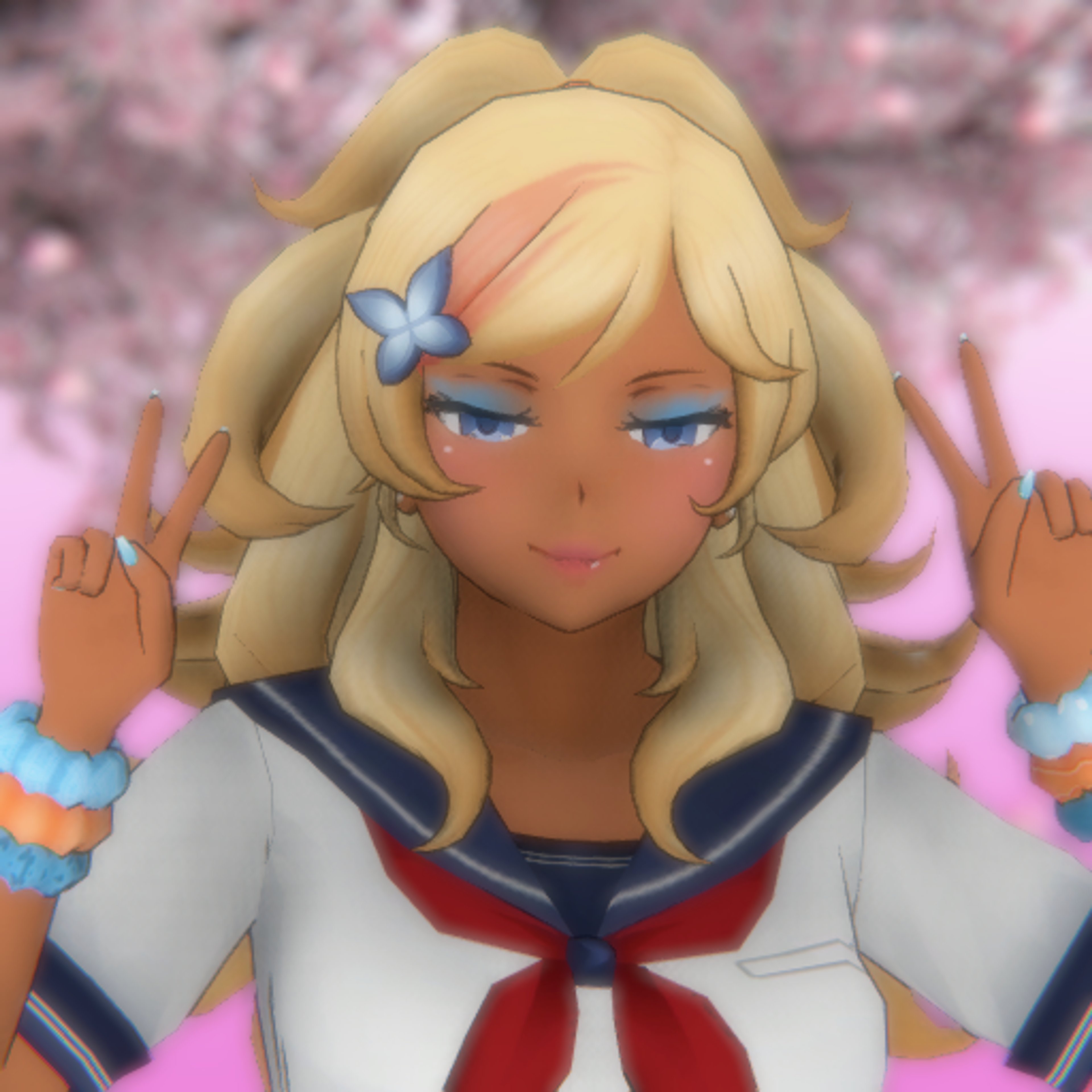An anime-style character with messy blonde hair and a pink streak, wearing a customized school uniform and accessories.