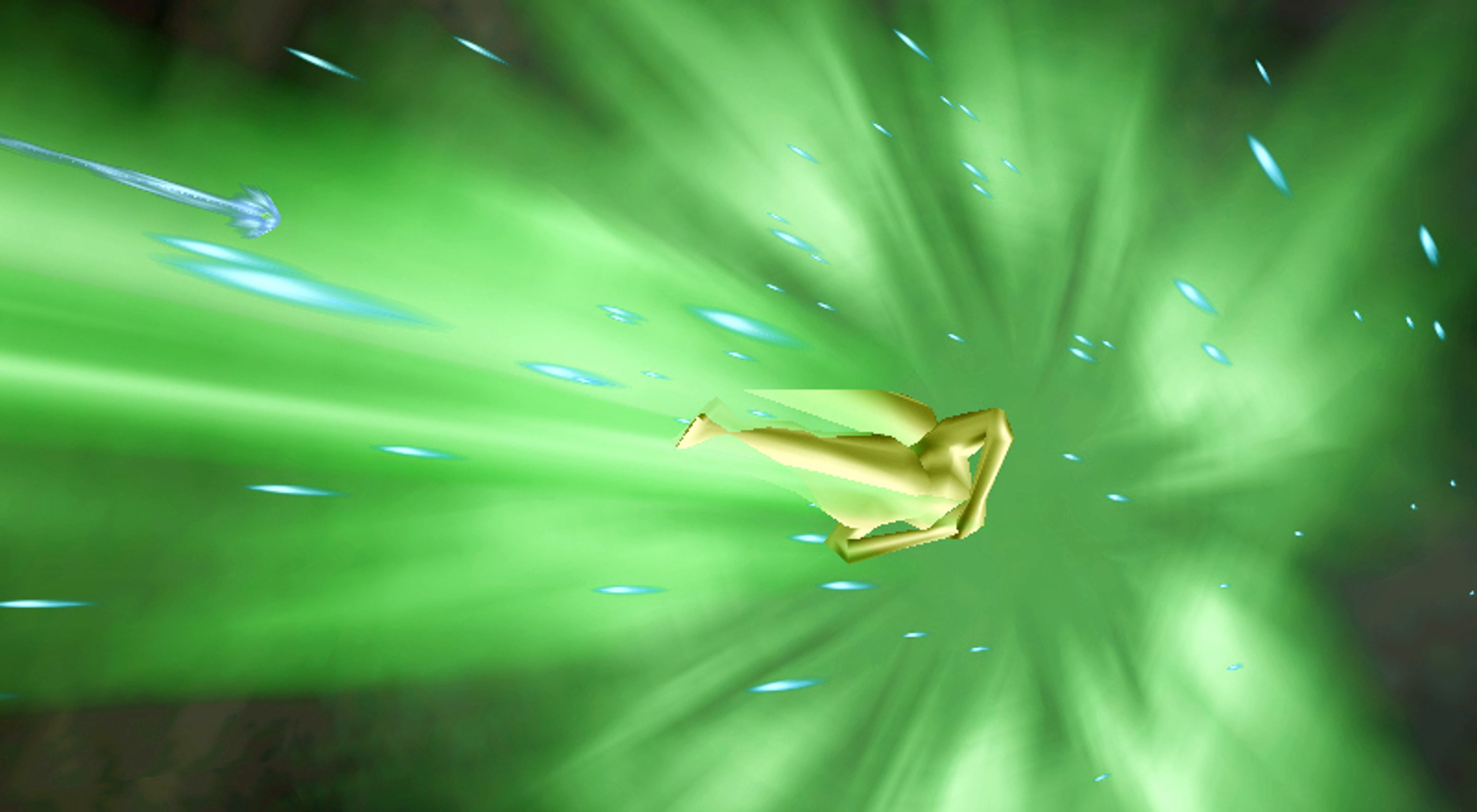 A female character with green hair, pointed ears, and green eyes surrounded by a swirling green energy effect.