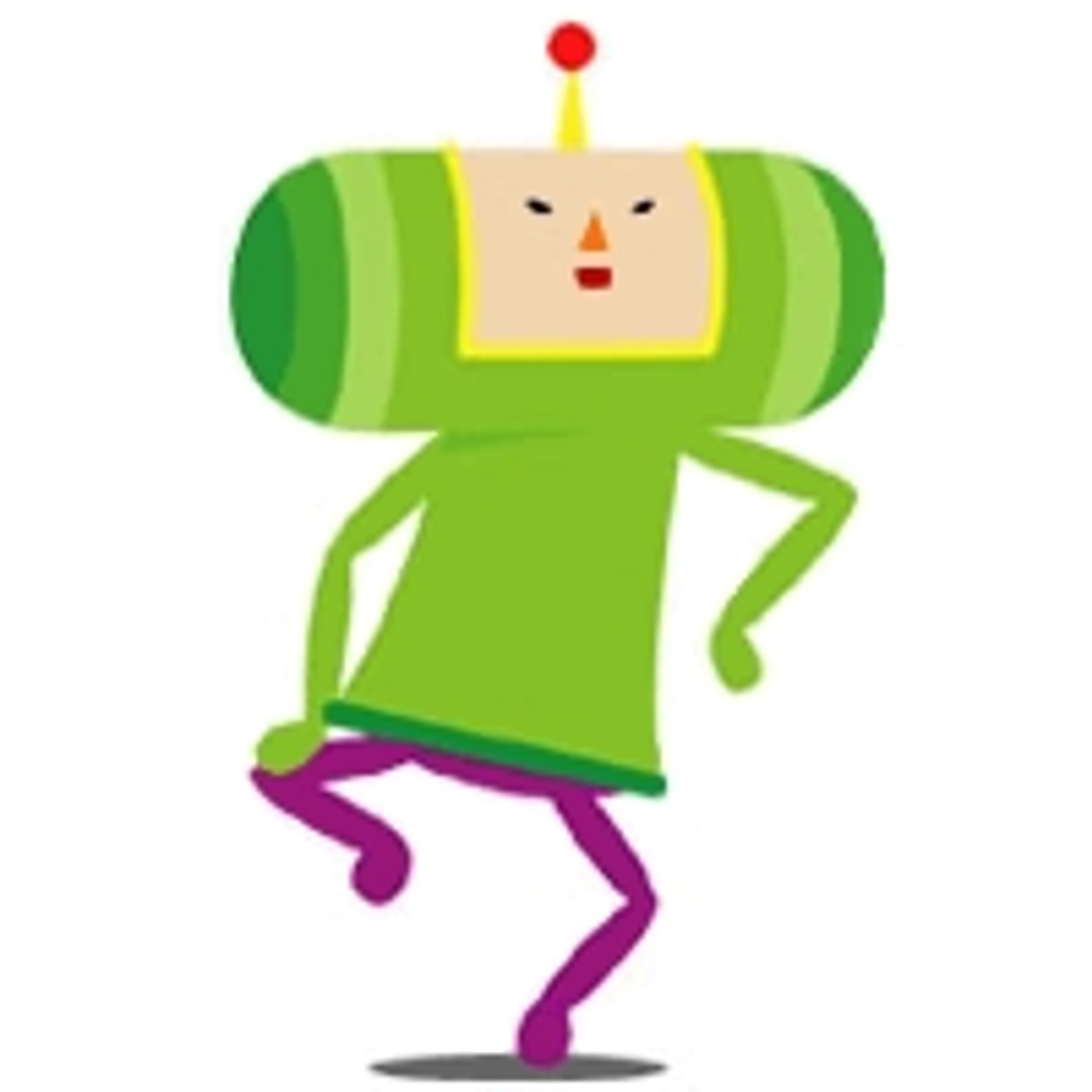 A small, green cartoon character with a large head and red antenna, wearing a purple outfit and moving energetically.