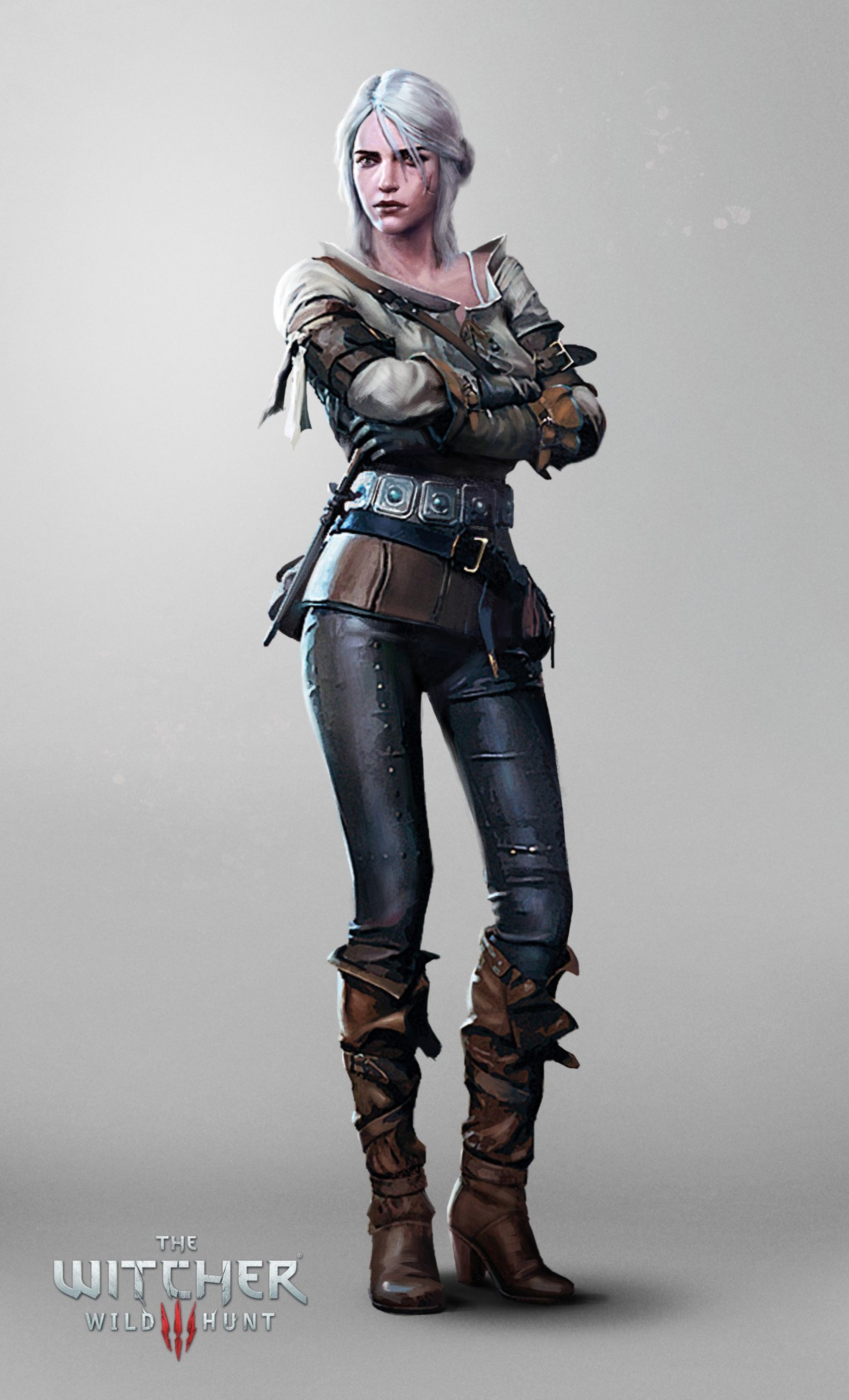 A fierce, determined young woman with ashen hair and emerald eyes, wearing dark armor and wielding a weapon.