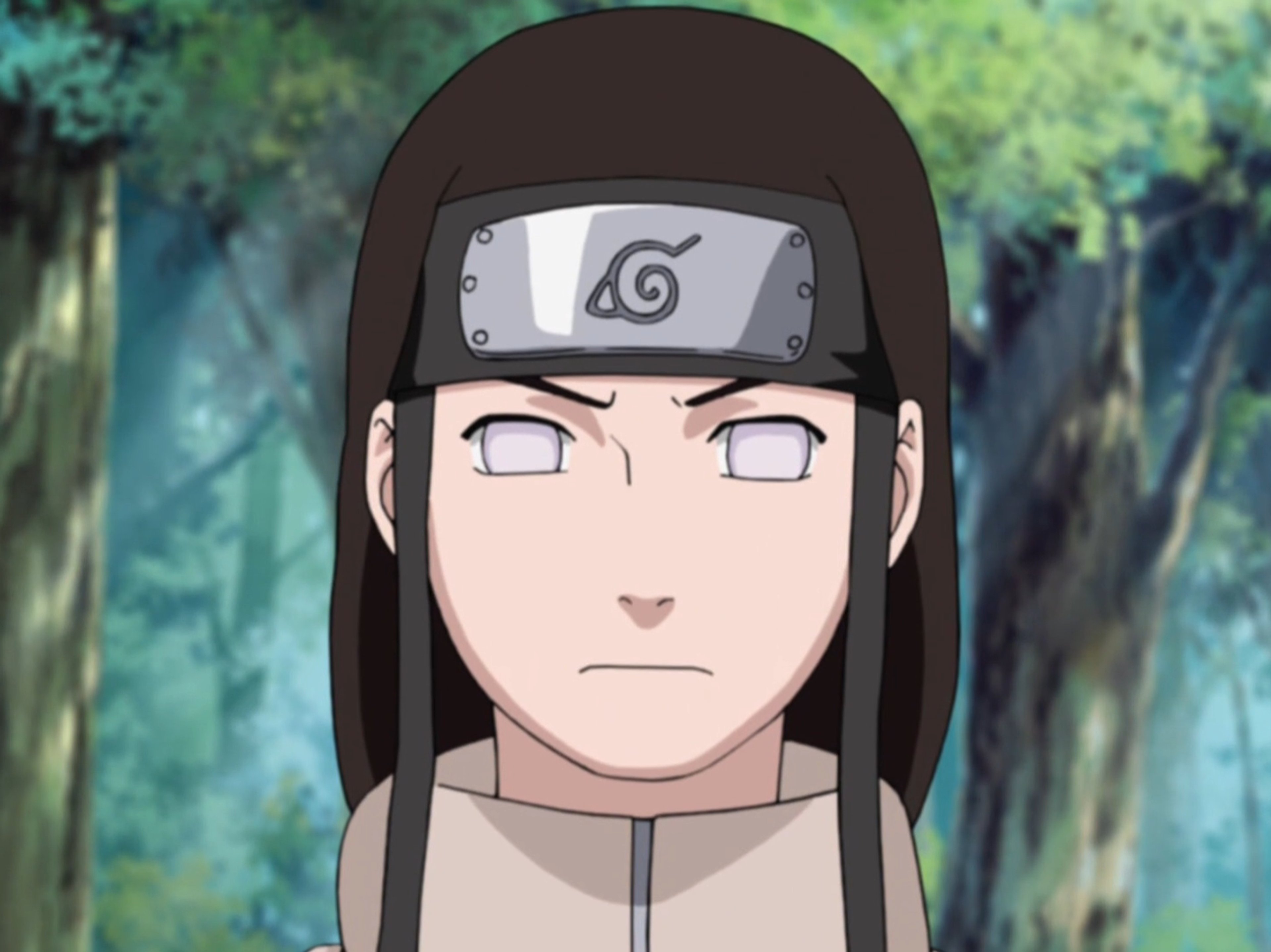 A young man with long dark brown hair and white eyes, wearing a tan ninja outfit