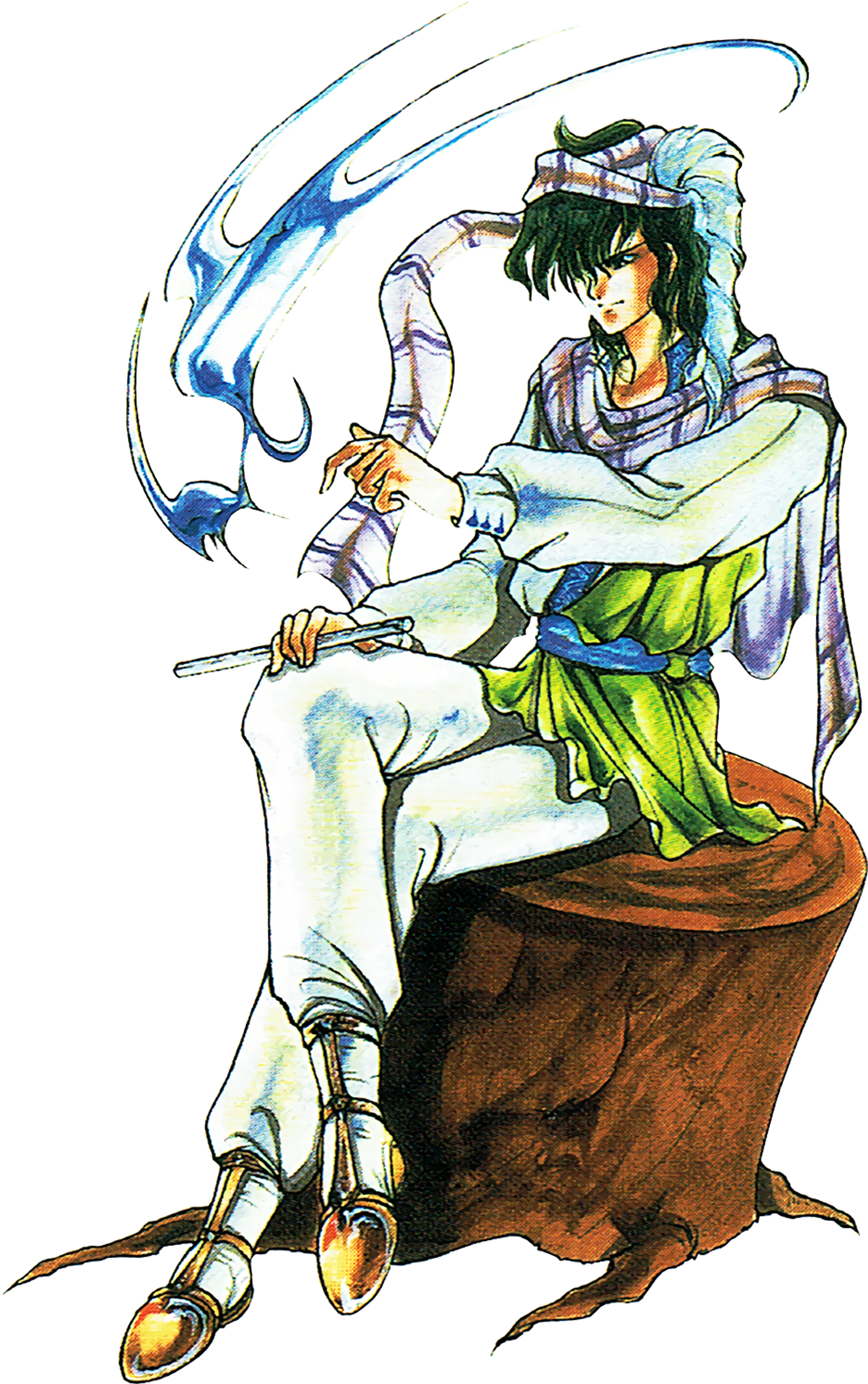 A young, green-haired male character in a fantasy-style outfit, sitting on a rock and holding a weapon.