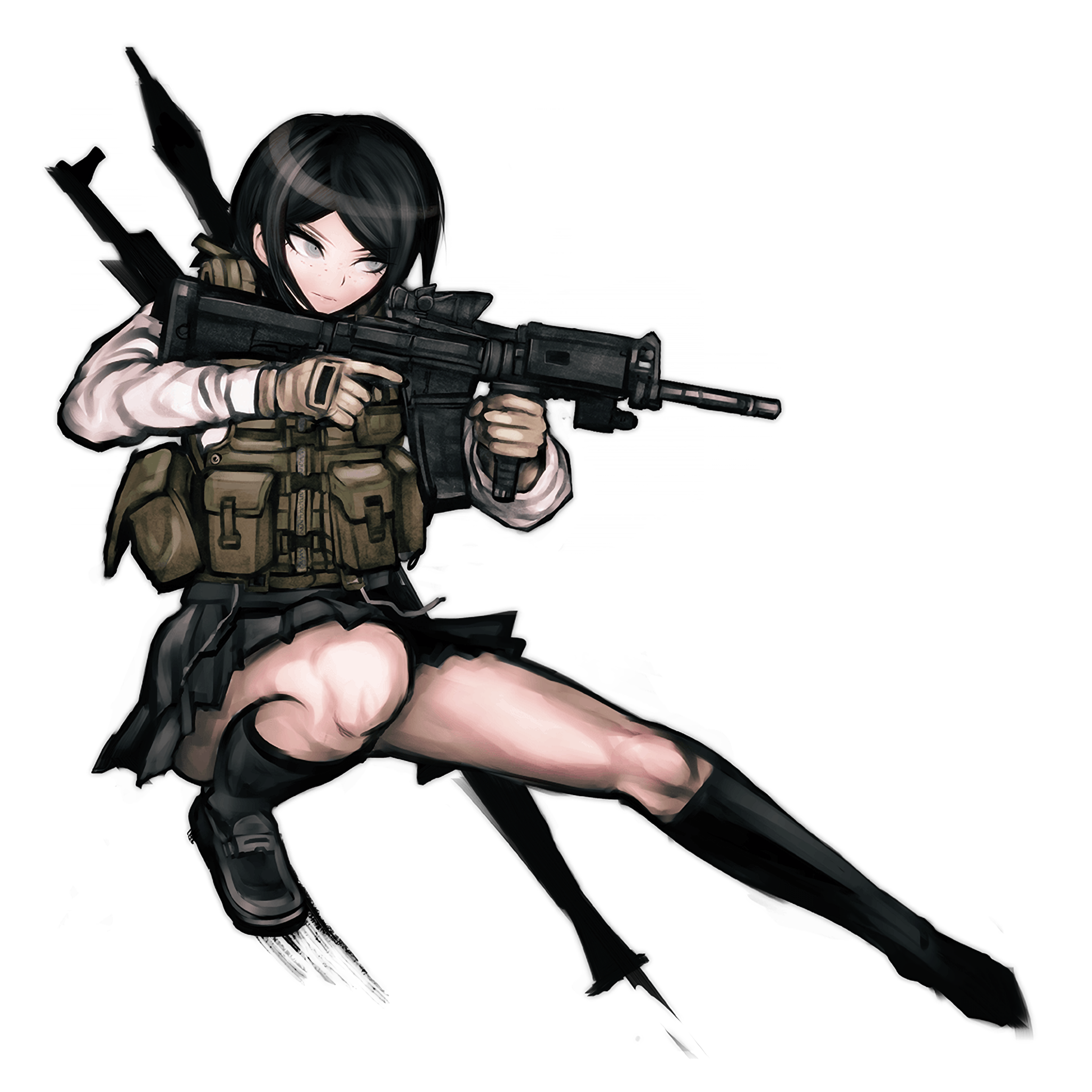 A young woman in a military outfit holding an assault rifle