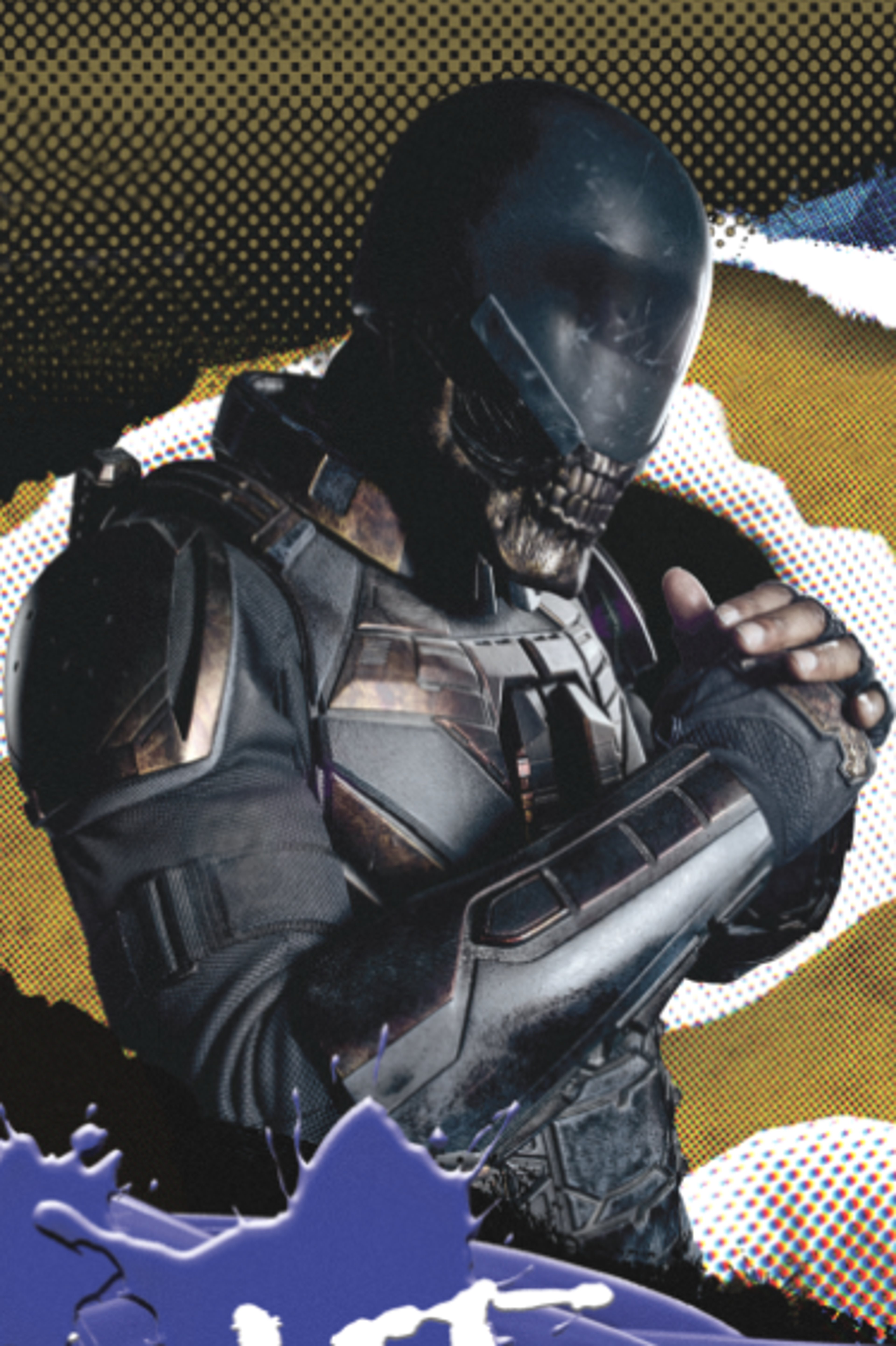 A heavily armed and armored mercenary character in a black tactical suit