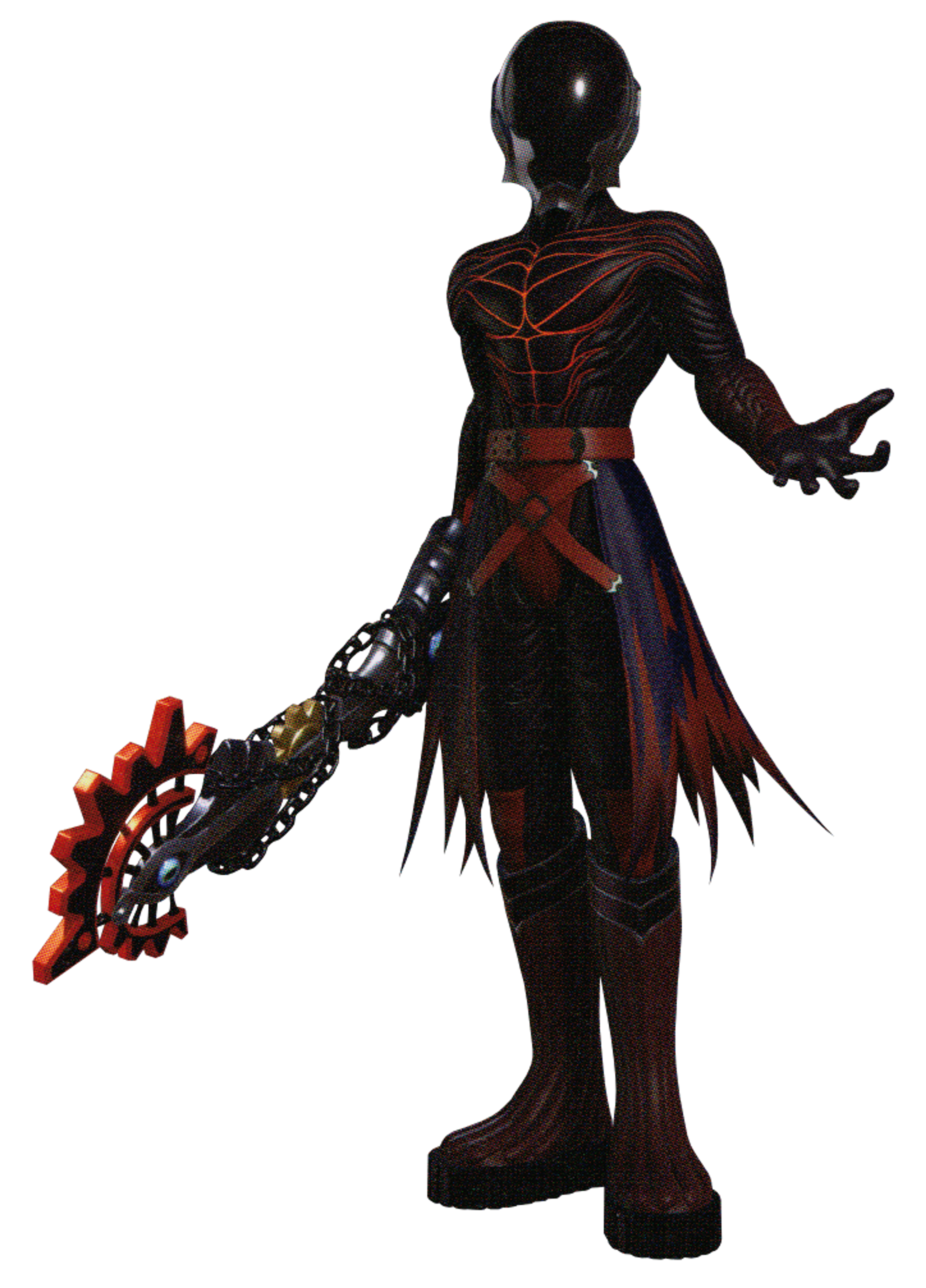A mysterious, dark-themed Keyblade wielder in a black and red suit