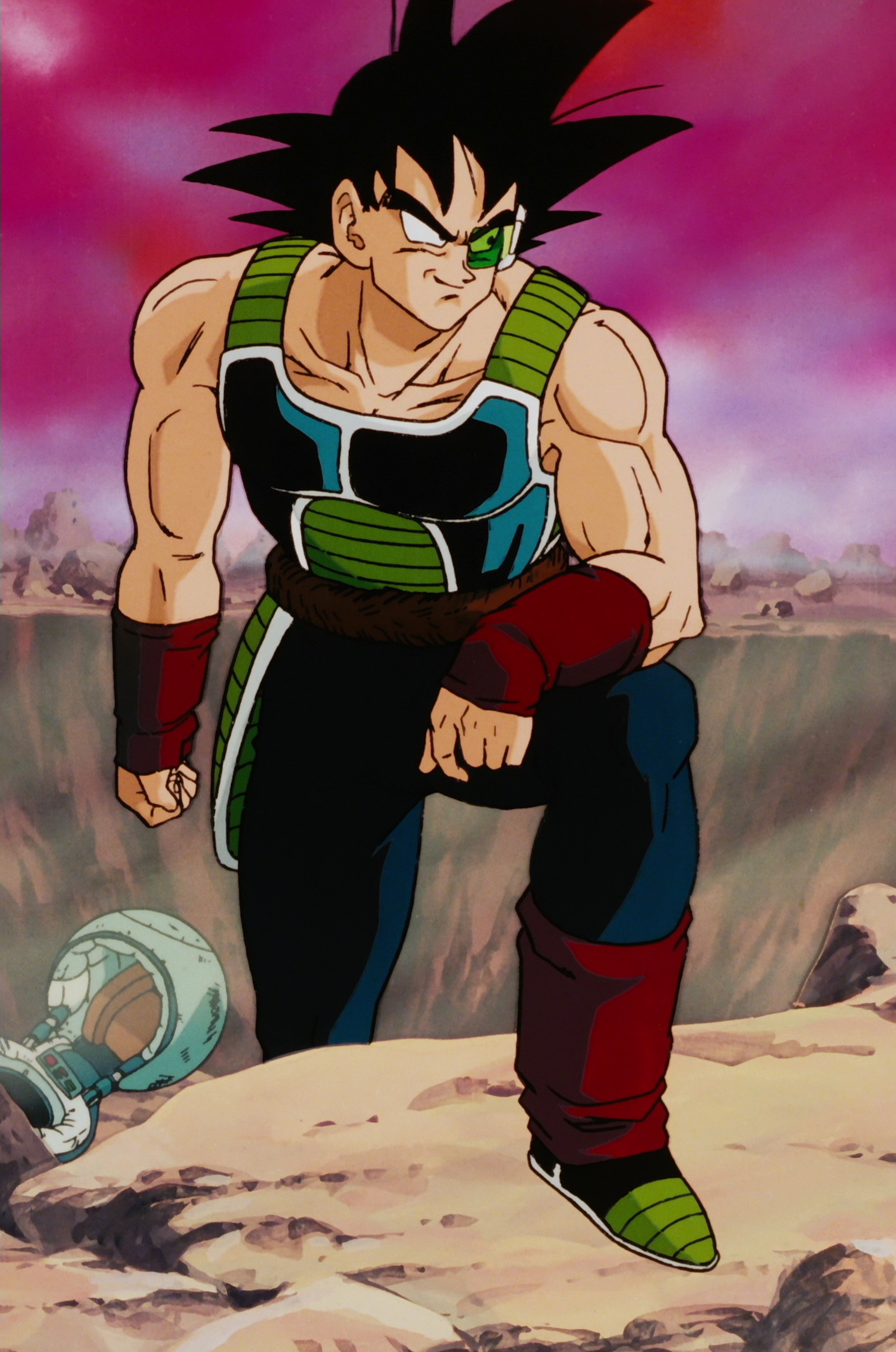 A Saiyan warrior in battle armor with a scarred, intense expression