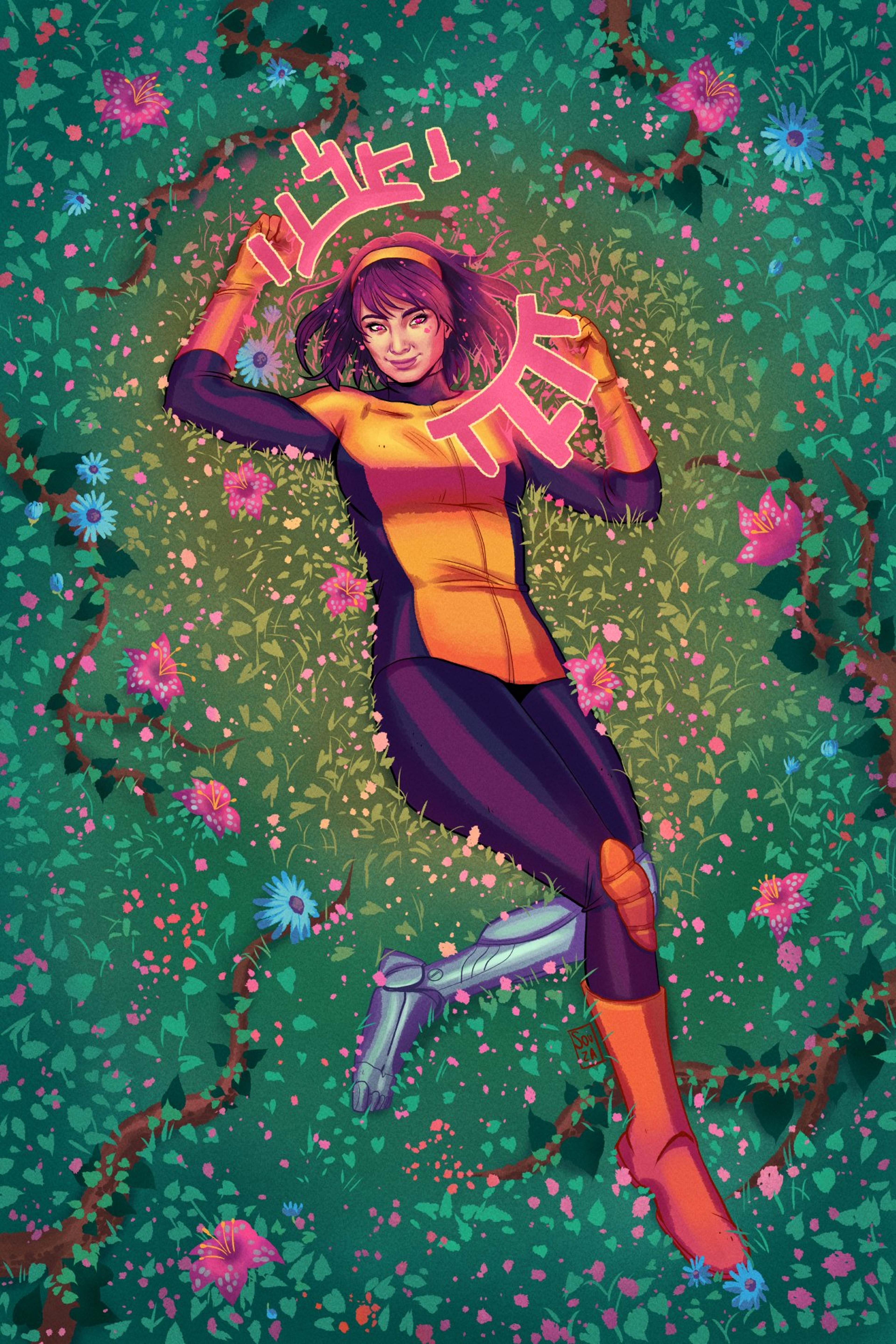 A female superhero character in an action pose in a garden setting