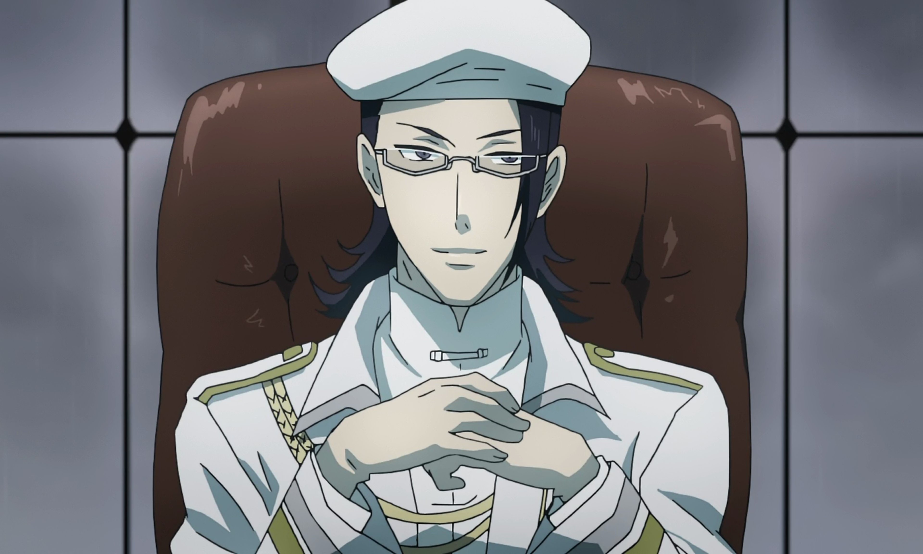 An anime-style character in a brown uniform with a white beret