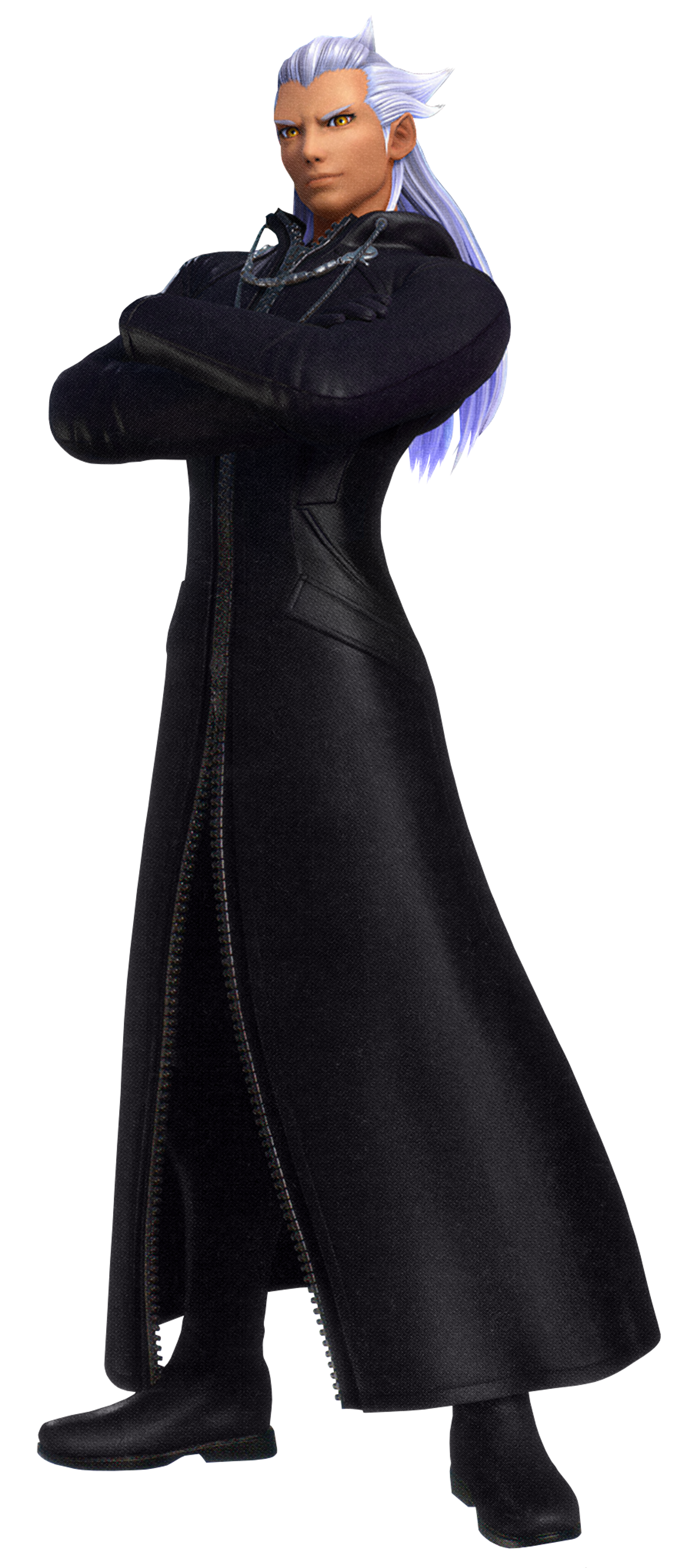 A tall, imposing male character with silver hair and an ominous black and red outfit