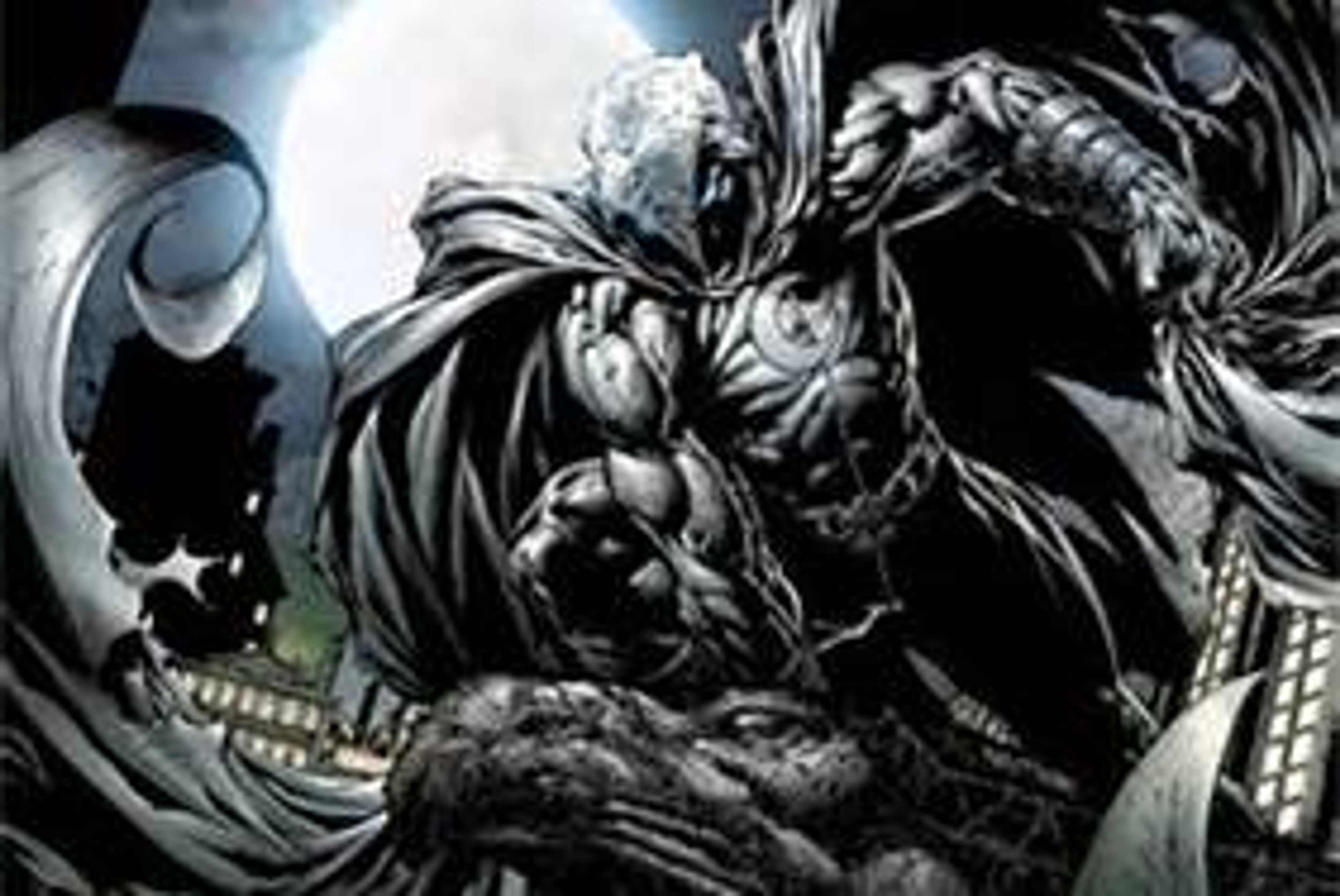 A dark, imposing superhero character with a white mask and cape