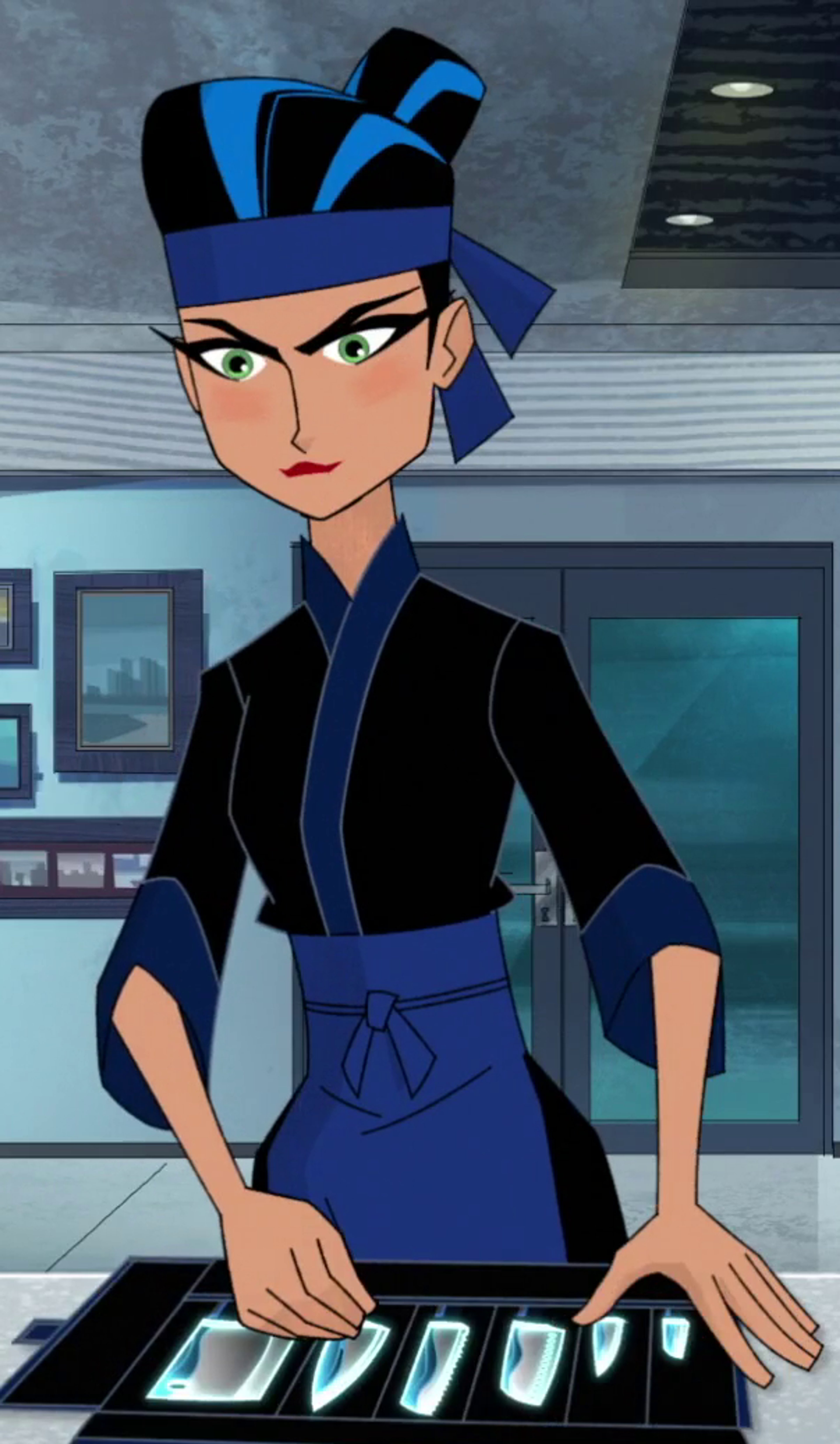 An anime-style character with a serious expression, wearing a black and blue outfit and headband.