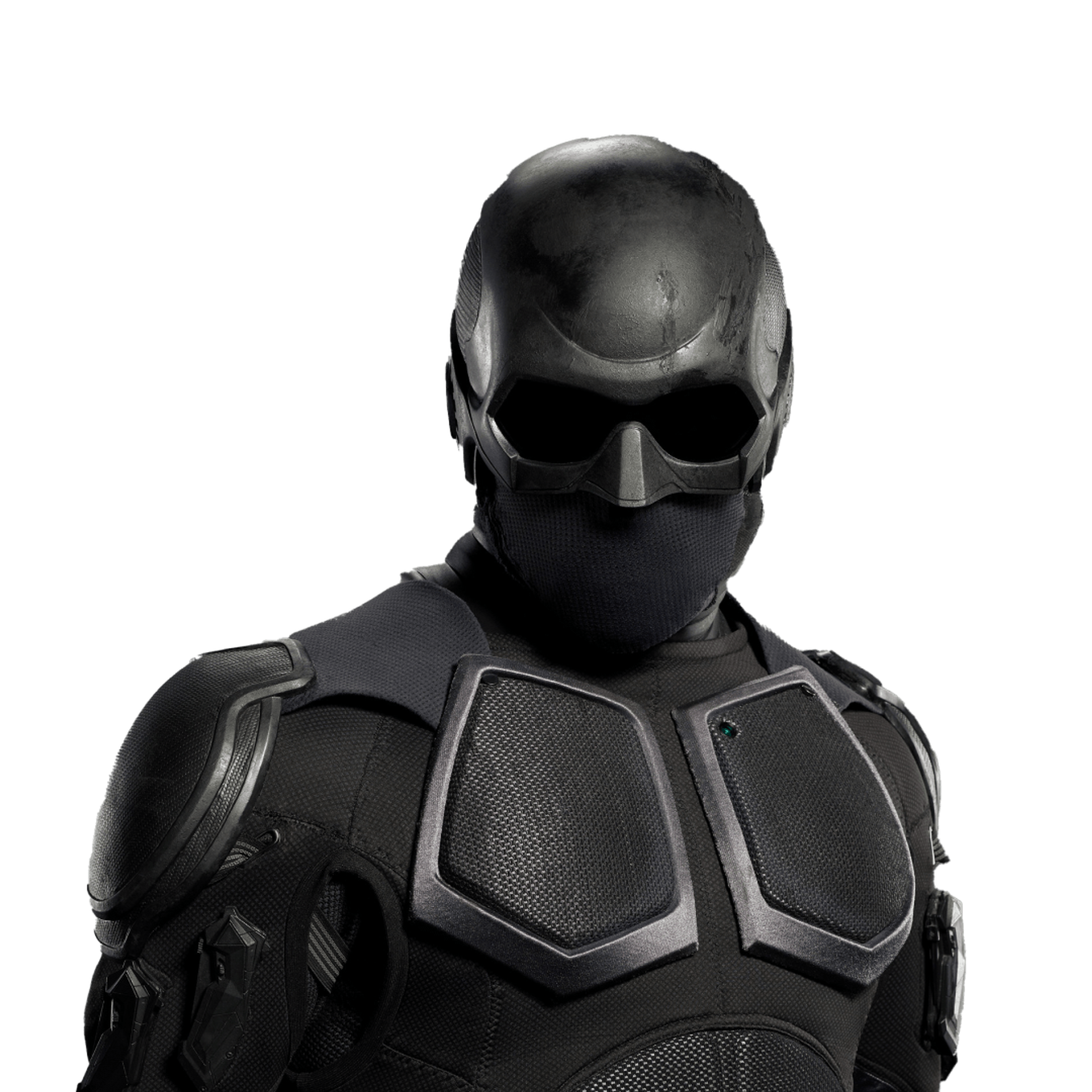 A character in a black, full-body suit with a mask covering their face