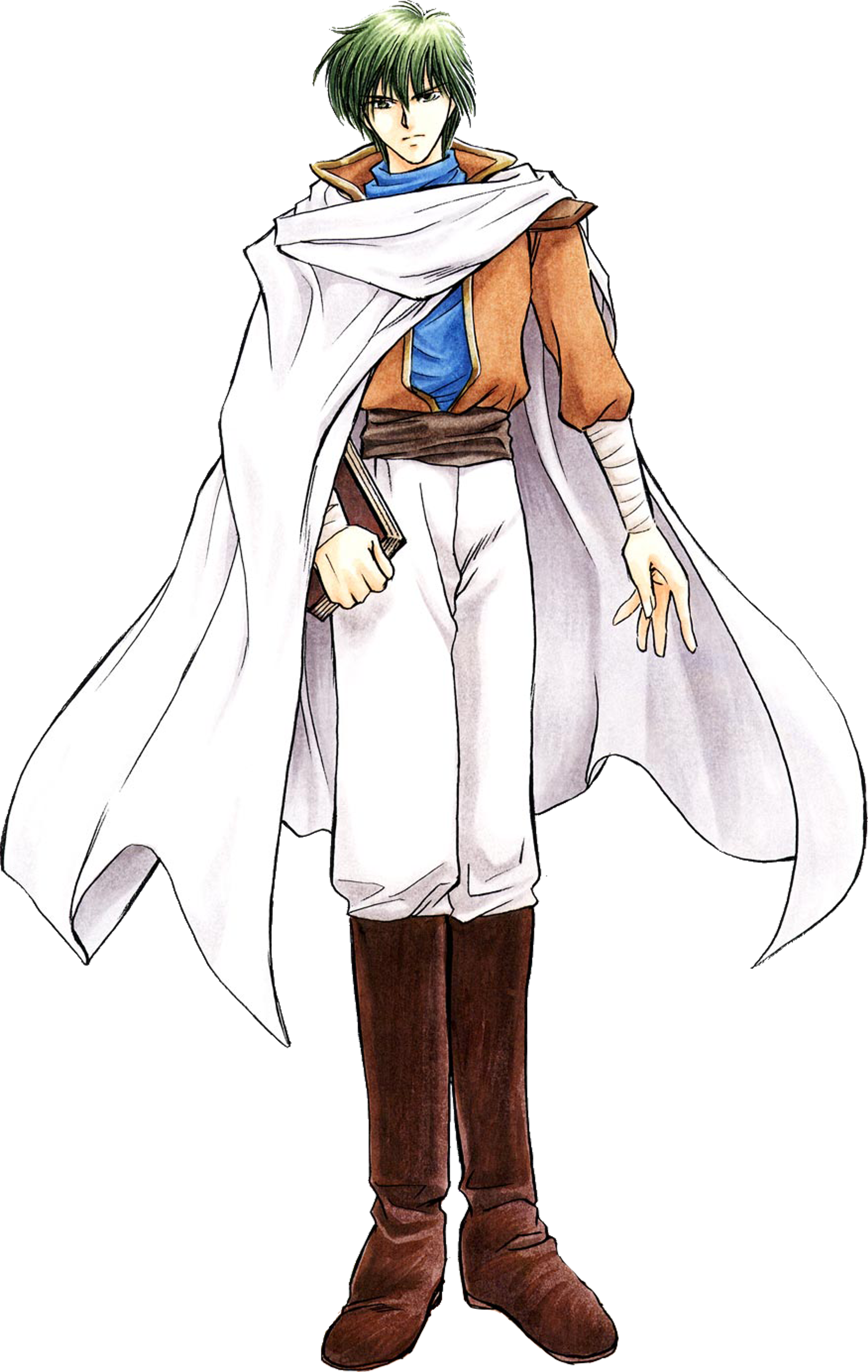 A young man with green hair wearing a white cloak and brown boots