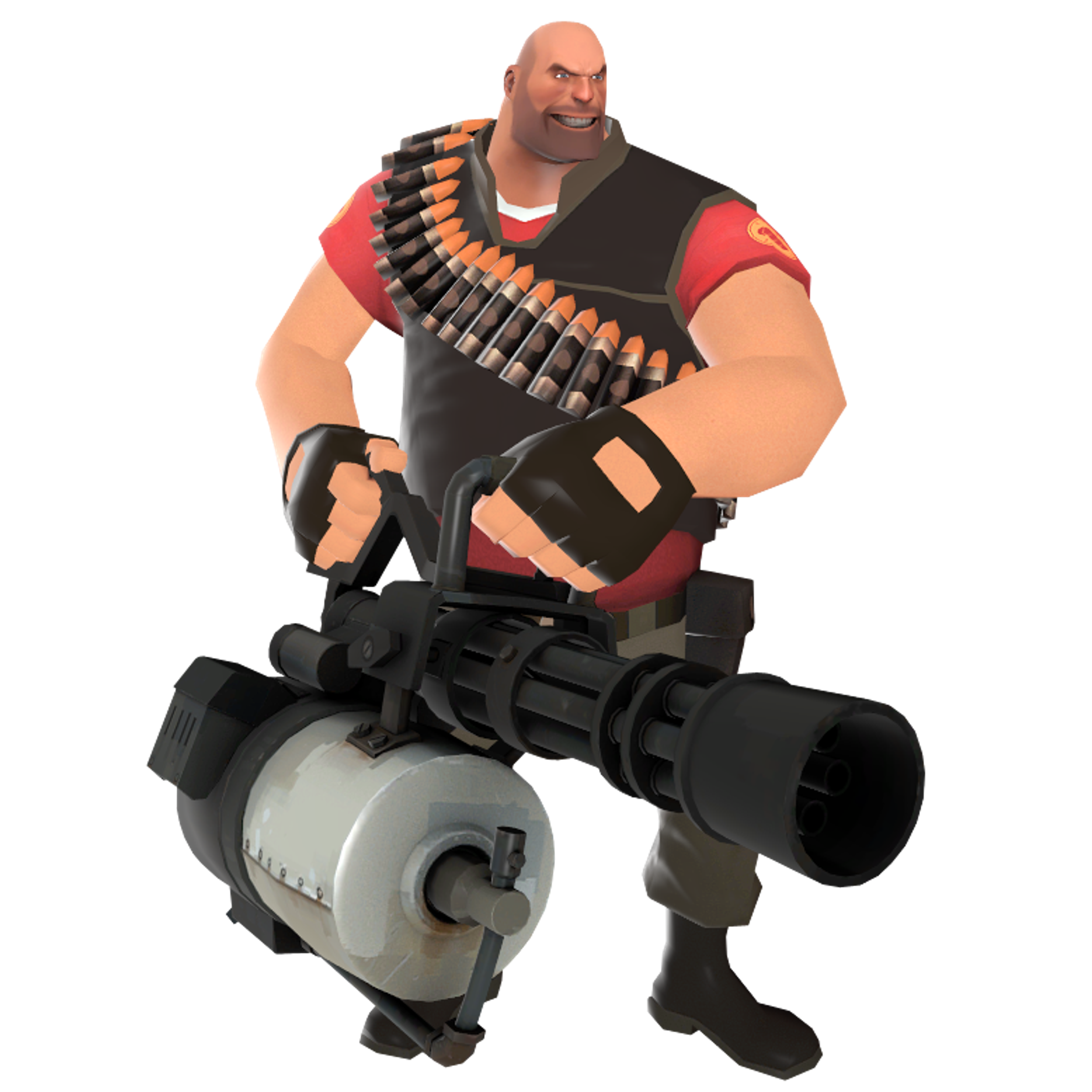 A large, muscular man with a bald head holding a large minigun