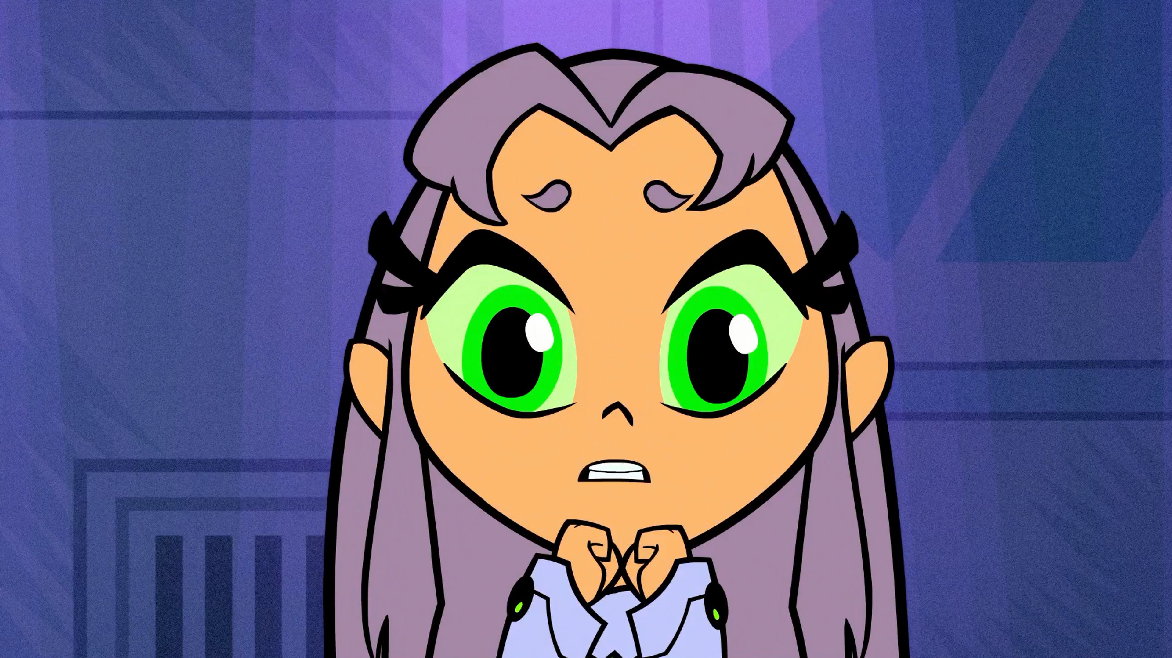 An animated character with gray hair and a worried expression, wearing a gray outfit similar to Starfire's costume.